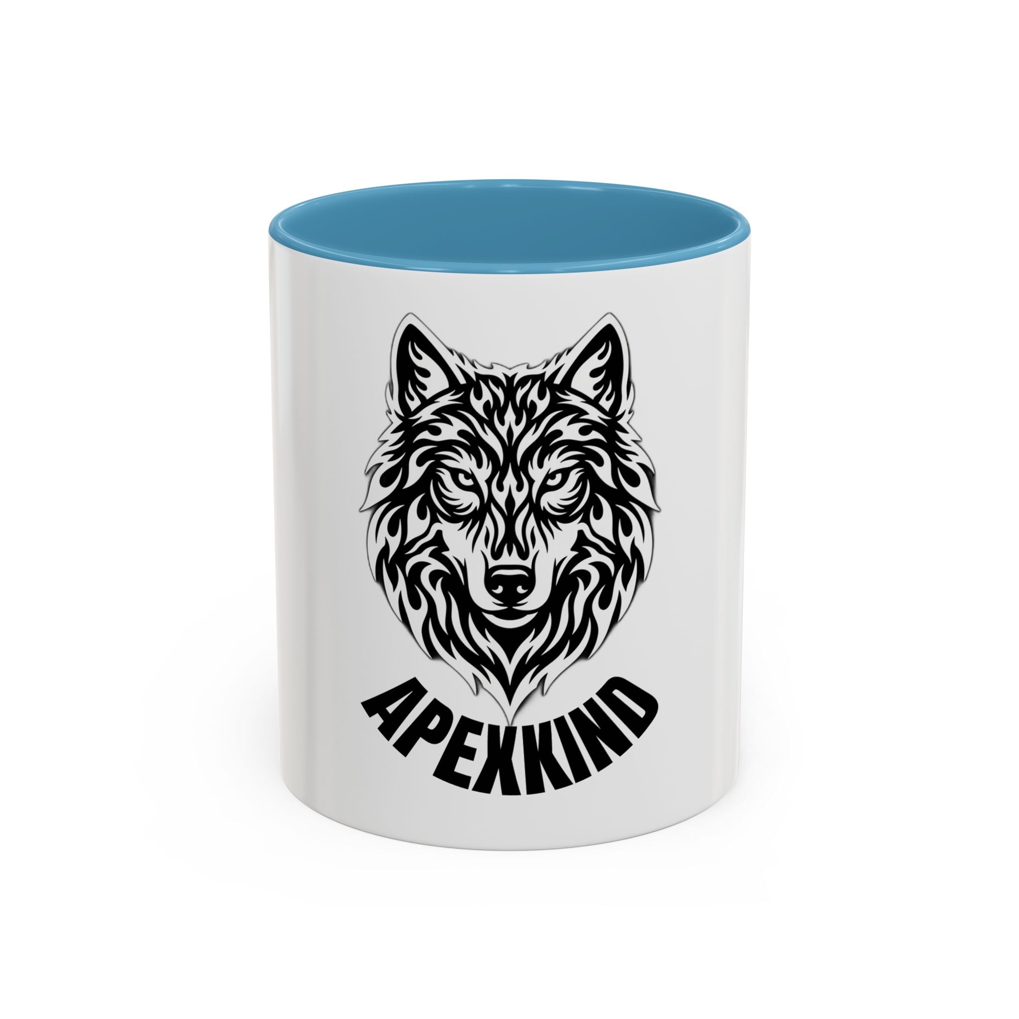 Tribal Wolf Accent Coffee Mug – Black Interior & Handle, Fierce Wolf Head Design (11/15 oz)