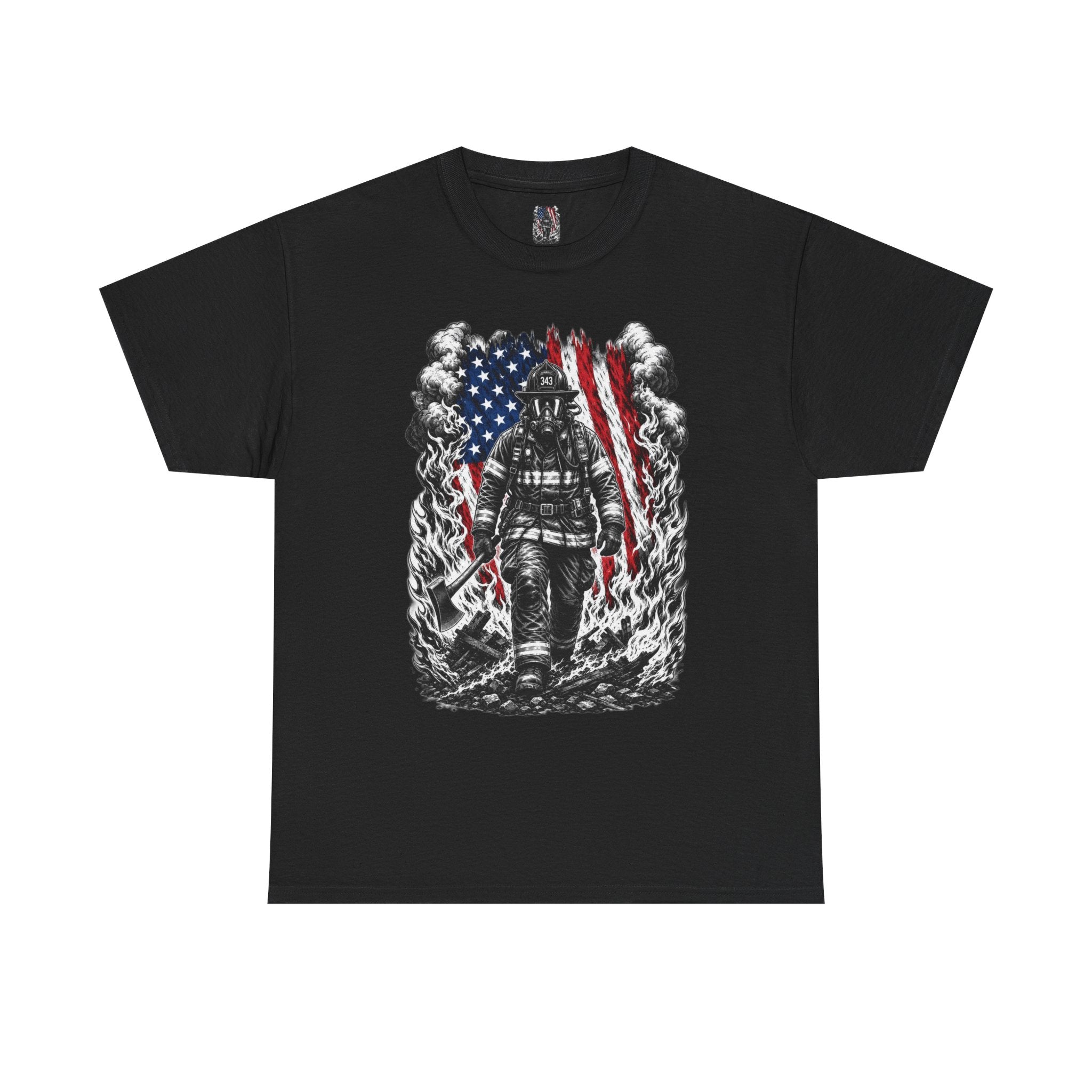 Apex First Responder — Firefighter Tee-Firefighter Illustration T-Shirt — Vintage Firefighter in Flames Tee