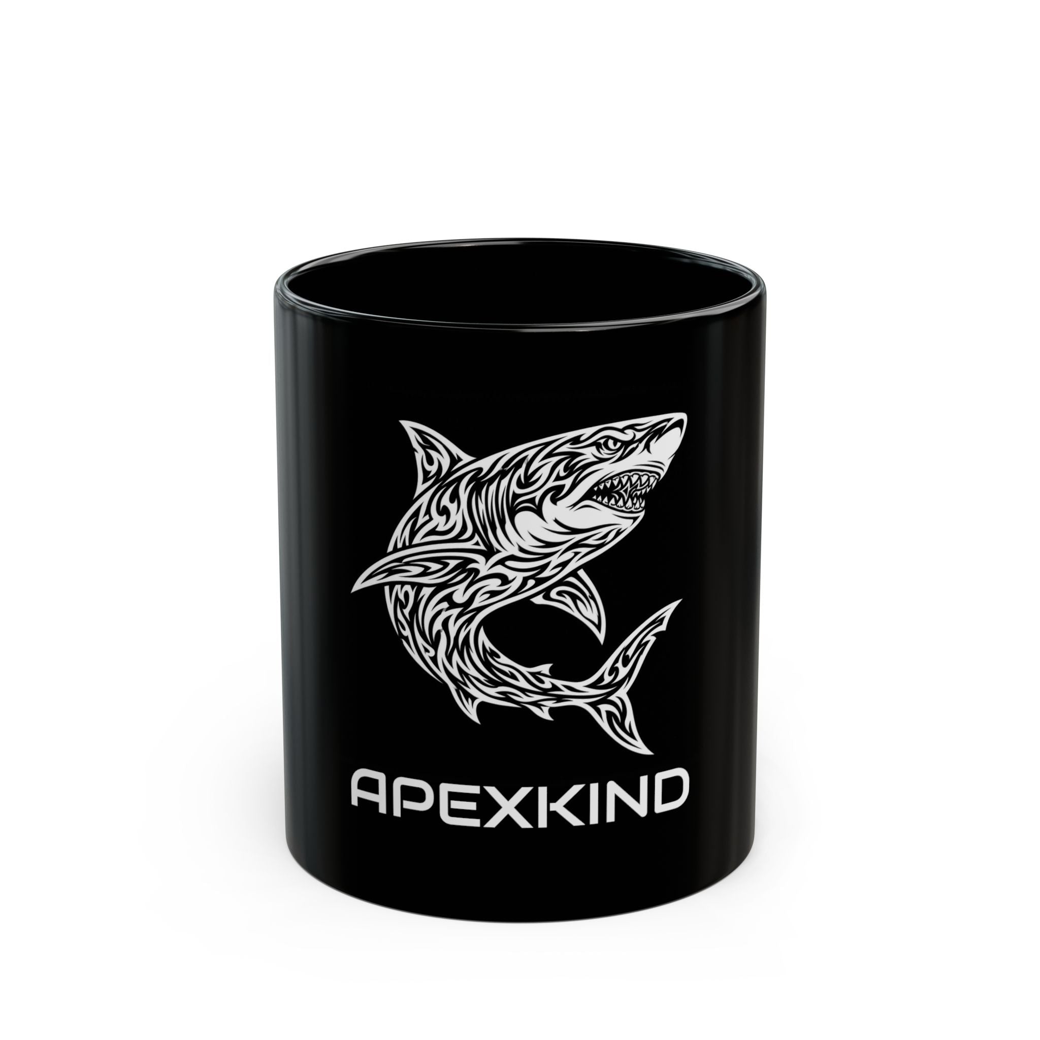 ApexKind Shark Coffee Mug — Tribal Shark Design Black Ceramic Mug (11oz & 15oz)