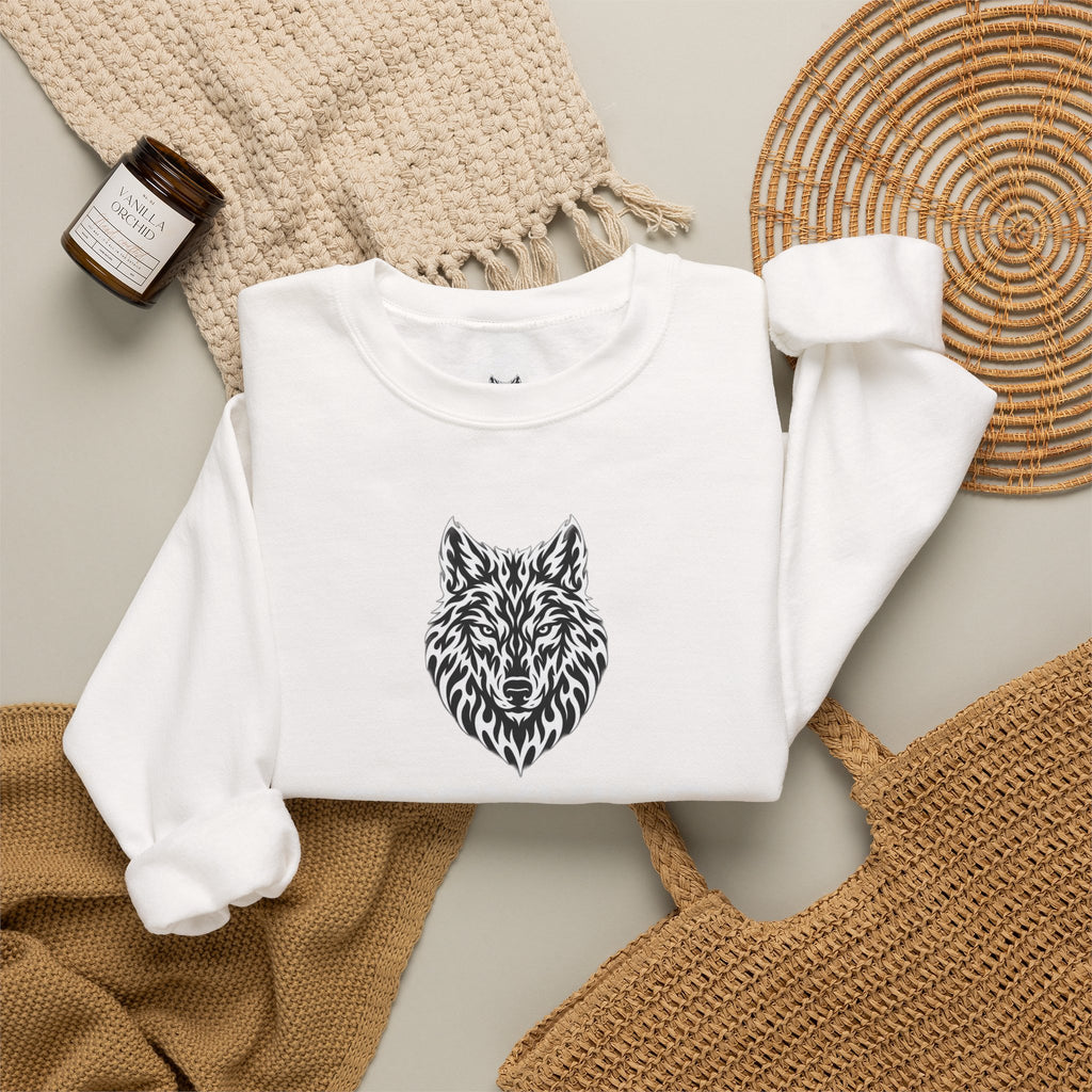 Wolf Head Crewneck Sweatshirt — Tribal Wolf Graphic Pullover