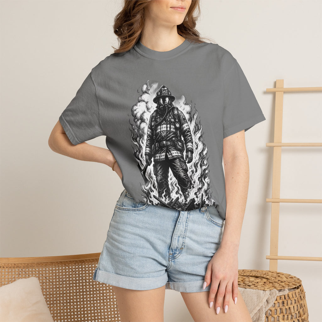 Apex First Responder — Firefighter Tee-Firefighter Illustration T-Shirt — Vintage Firefighter in Flames Tee