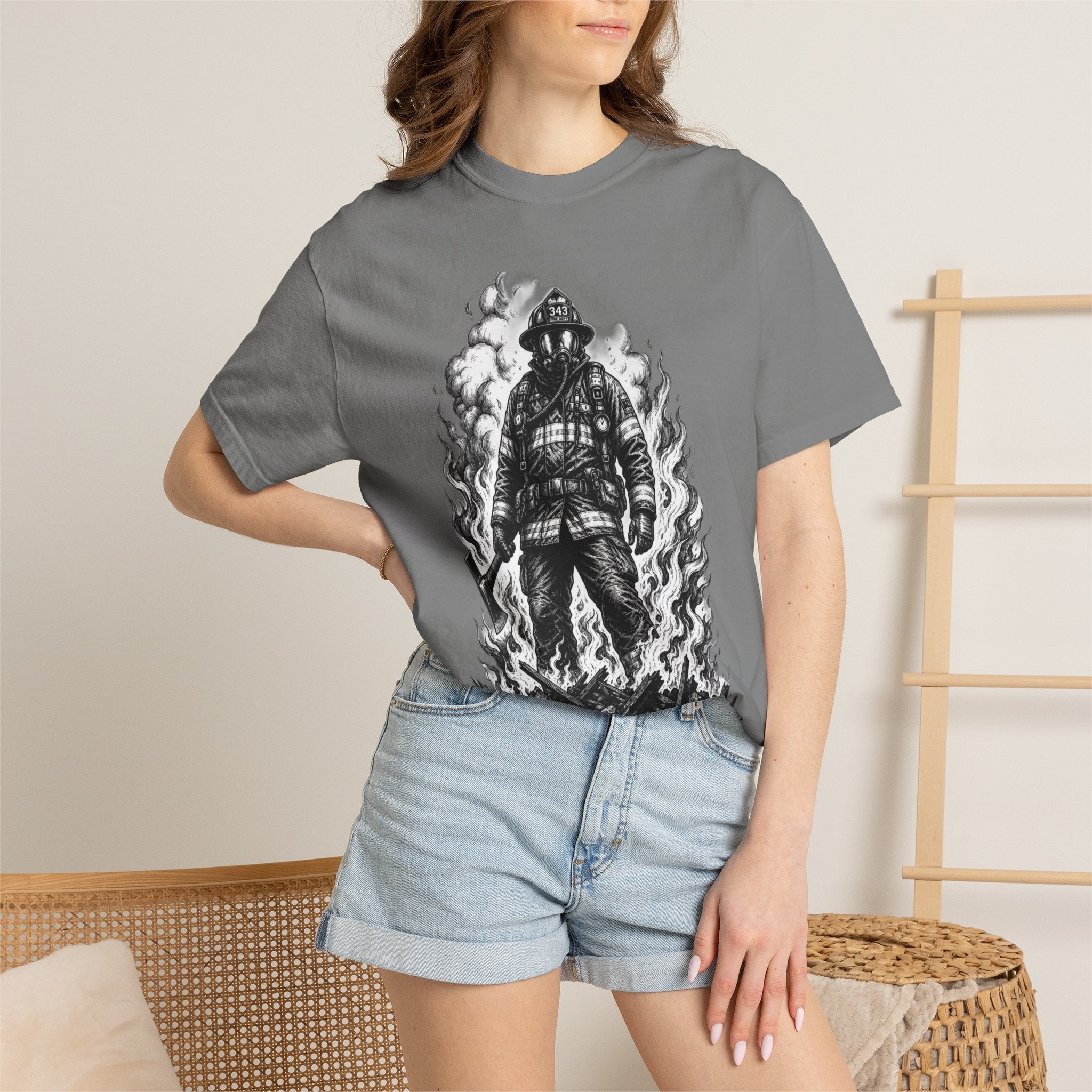 Apex First Responder — Firefighter Tee-Firefighter Illustration T-Shirt — Vintage Firefighter in Flames Tee