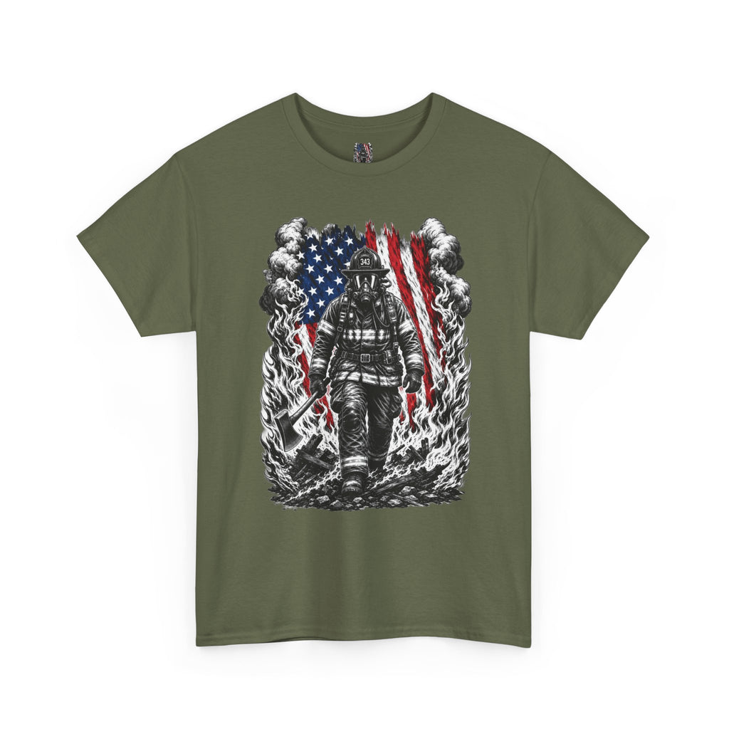 Apex First Responder — Firefighter Tee-Firefighter Illustration T-Shirt — Vintage Firefighter in Flames Tee