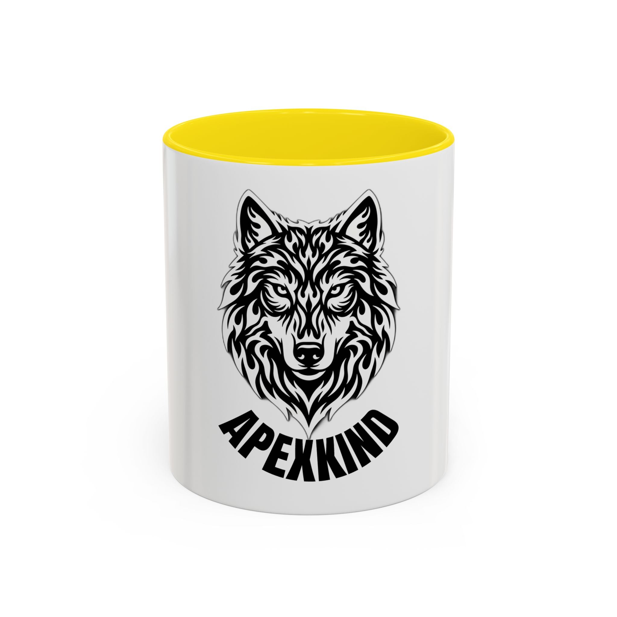 Tribal Wolf Accent Coffee Mug – Black Interior & Handle, Fierce Wolf Head Design (11/15 oz)
