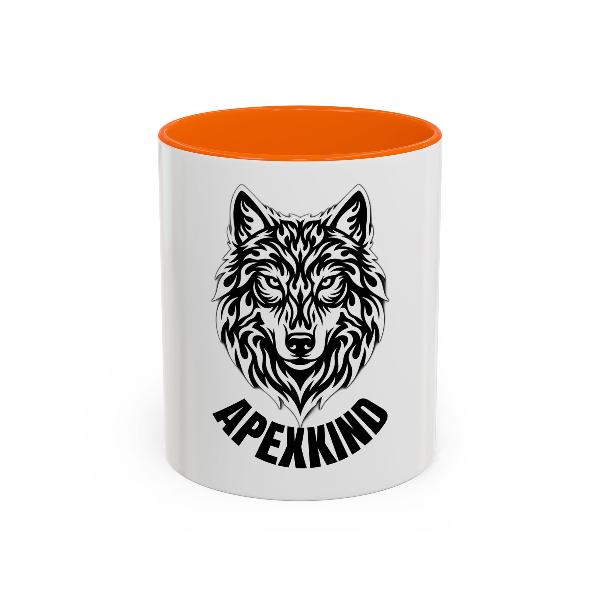 Tribal Wolf Accent Coffee Mug – Black Interior & Handle, Fierce Wolf Head Design (11/15 oz)