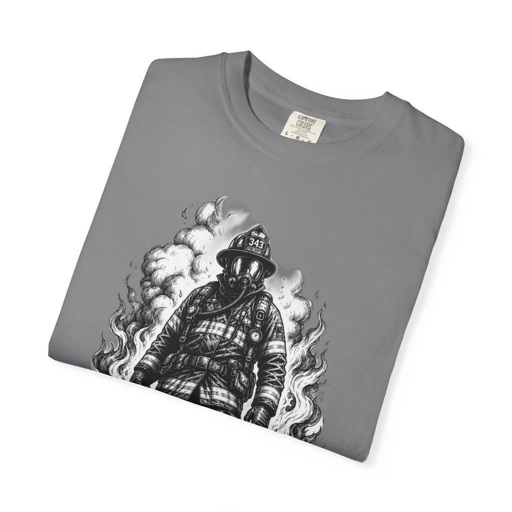 Apex First Responder — Firefighter Tee-Firefighter Illustration T-Shirt — Vintage Firefighter in Flames Tee
