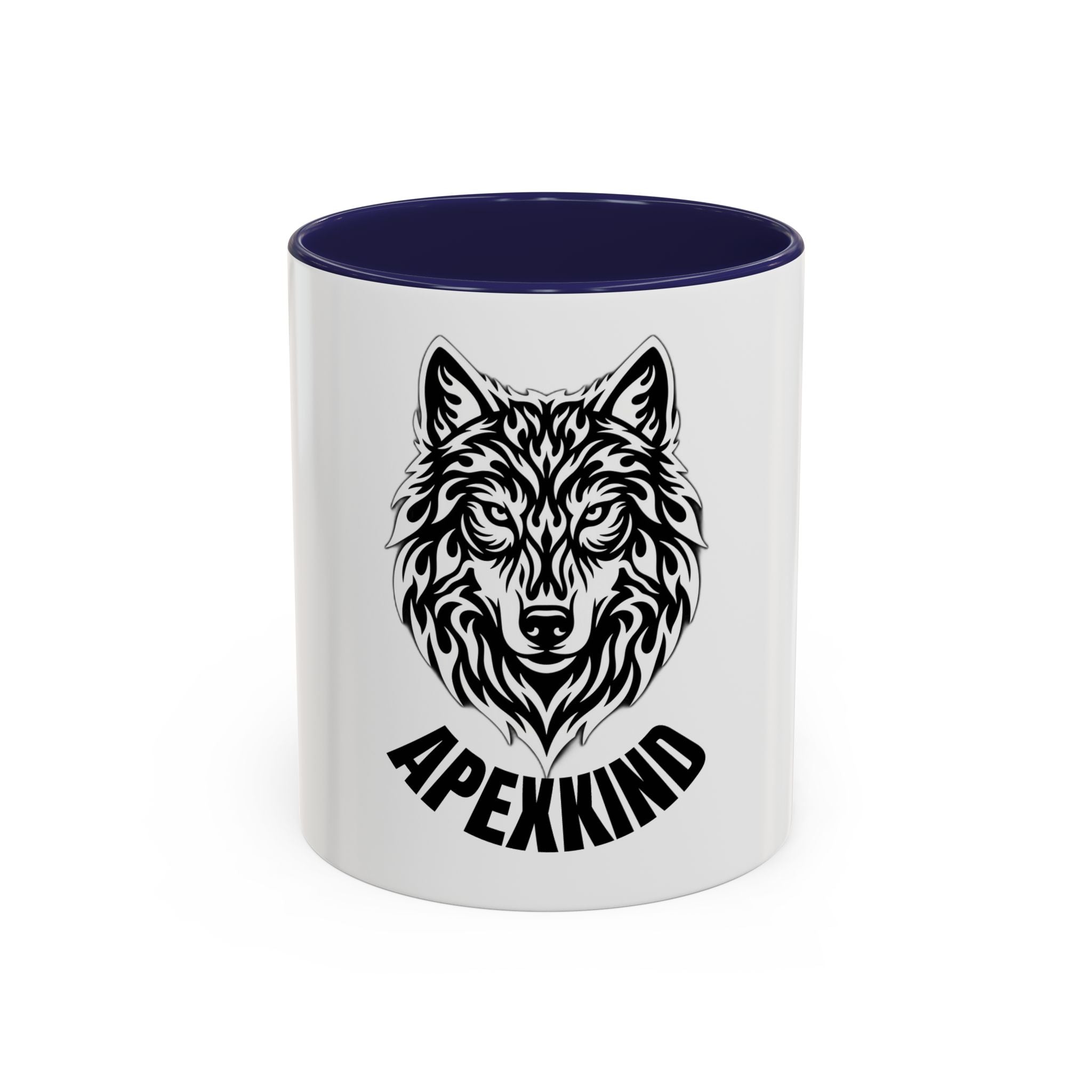 Tribal Wolf Accent Coffee Mug – Black Interior & Handle, Fierce Wolf Head Design (11/15 oz)