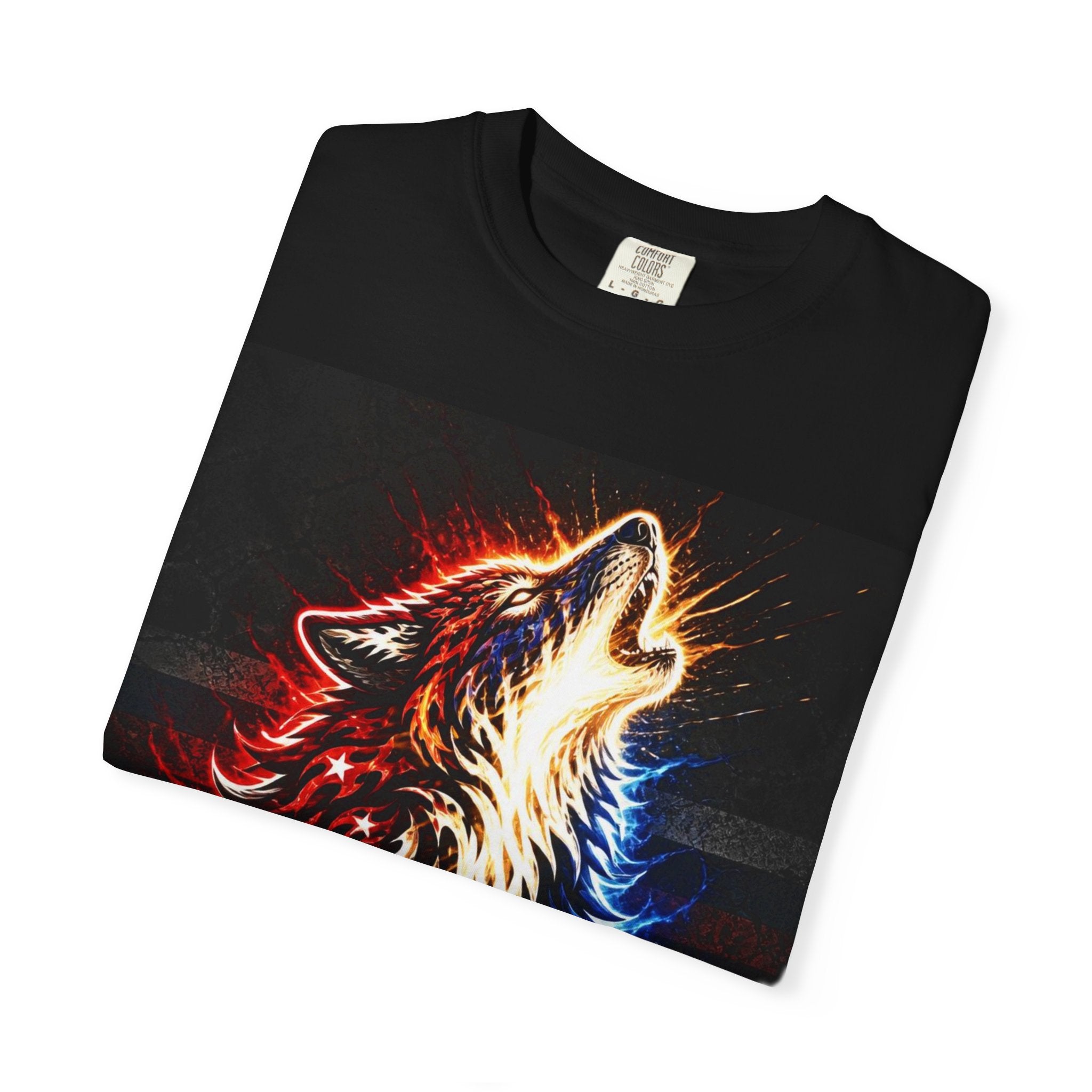 Howling Wolf Graphic T-Shirt — Red & Blue Neon Tribal Wolf Tee