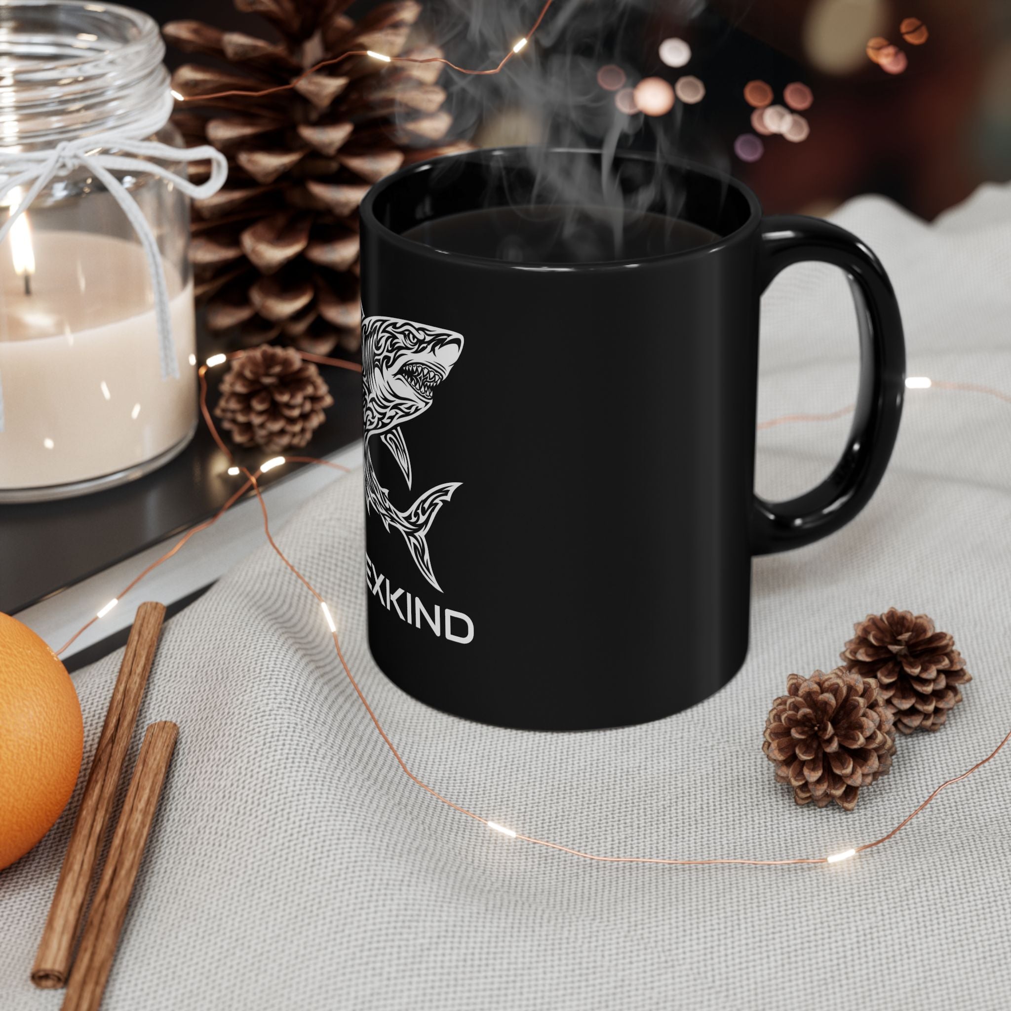 ApexKind Shark Coffee Mug — Tribal Shark Design Black Ceramic Mug (11oz & 15oz)