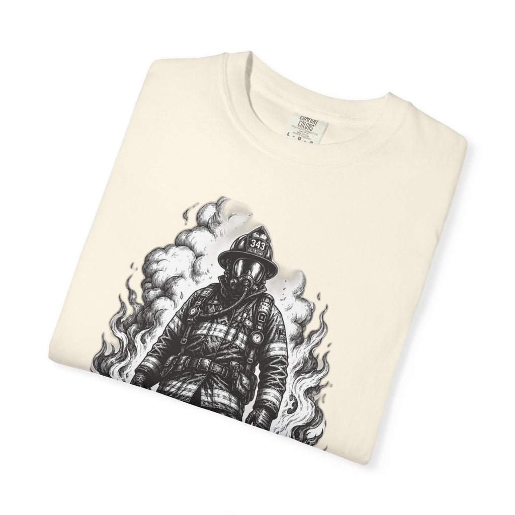 Apex First Responder — Firefighter Tee-Firefighter Illustration T-Shirt — Vintage Firefighter in Flames Tee