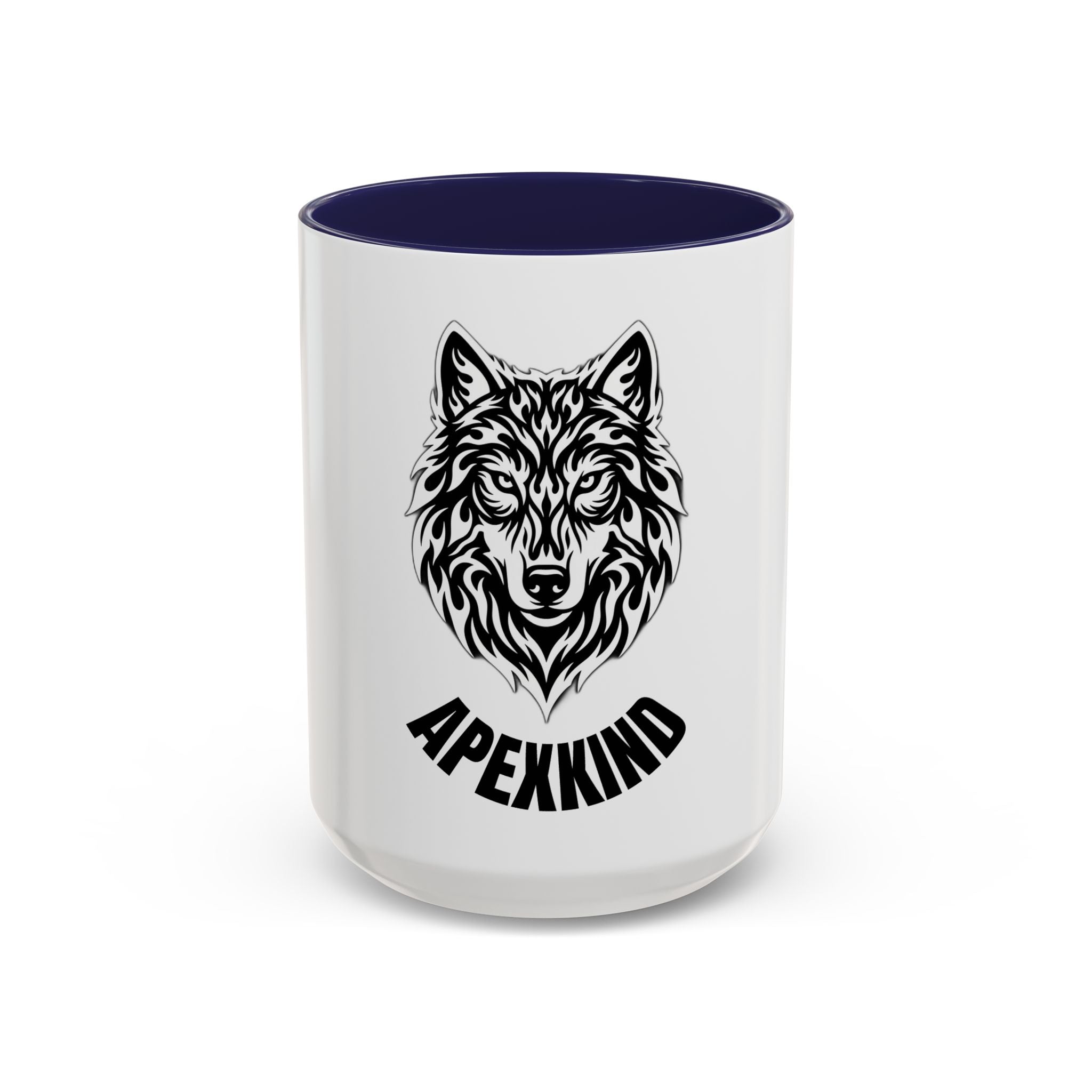 Tribal Wolf Accent Coffee Mug – Black Interior & Handle, Fierce Wolf Head Design (11/15 oz)