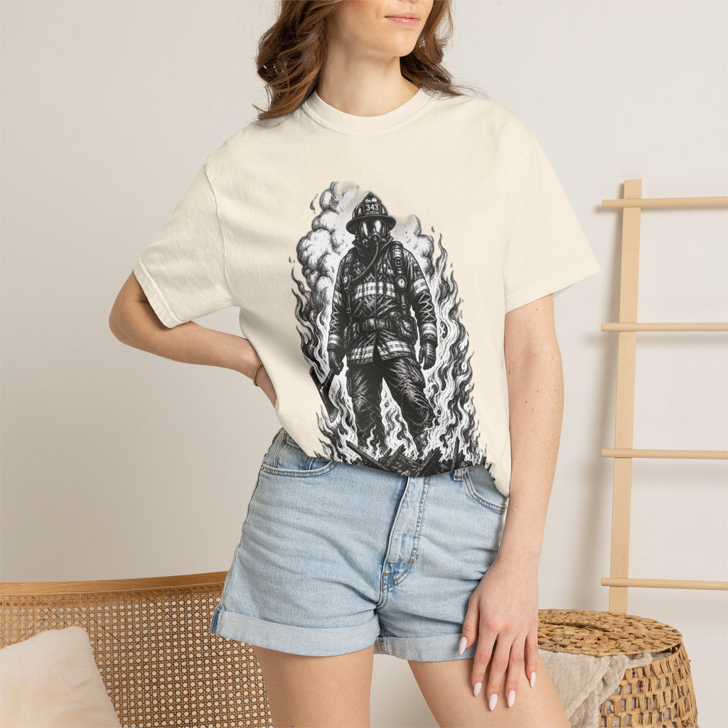 Apex First Responder — Firefighter Tee-Firefighter Illustration T-Shirt — Vintage Firefighter in Flames Tee
