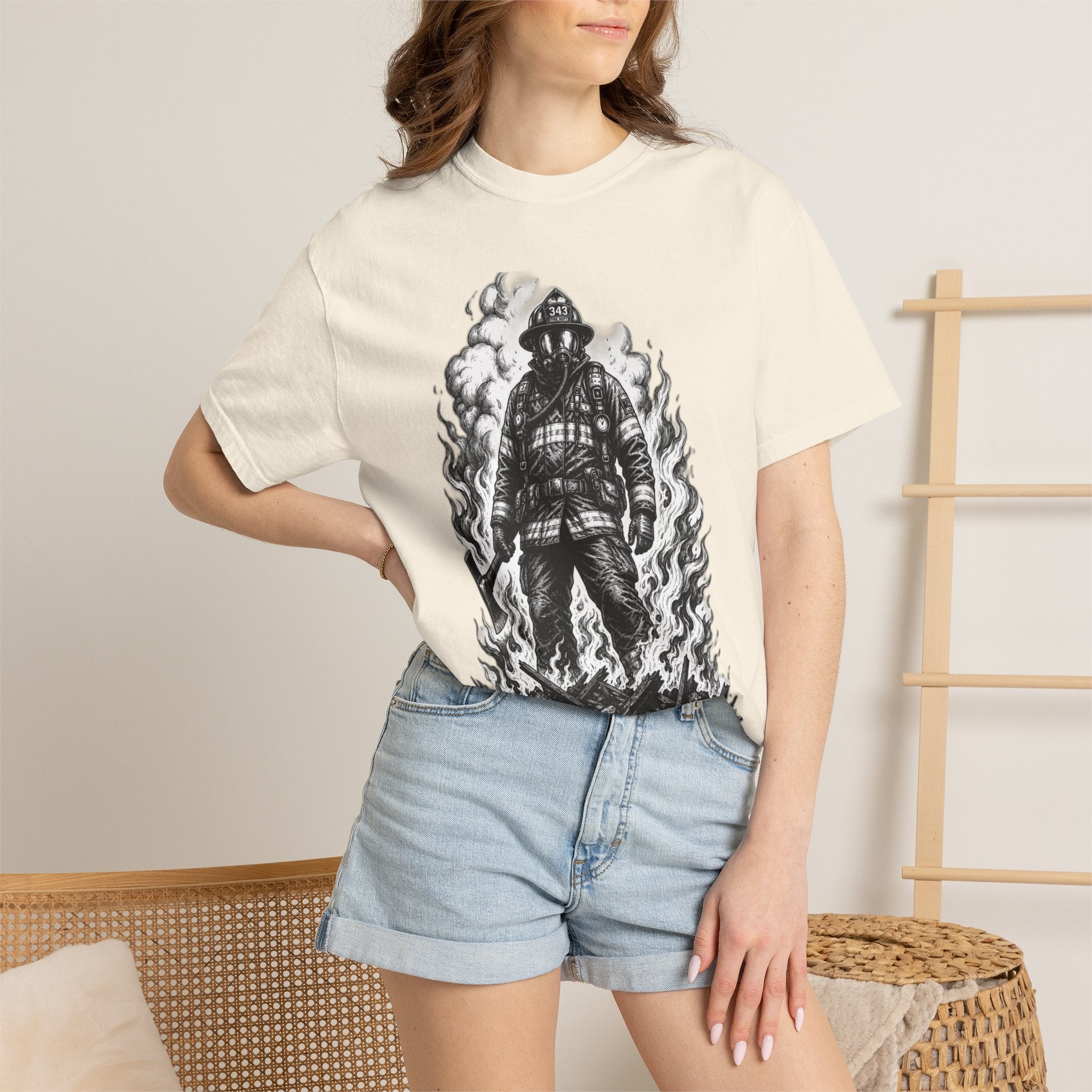 Apex First Responder — Firefighter Tee-Firefighter Illustration T-Shirt — Vintage Firefighter in Flames Tee