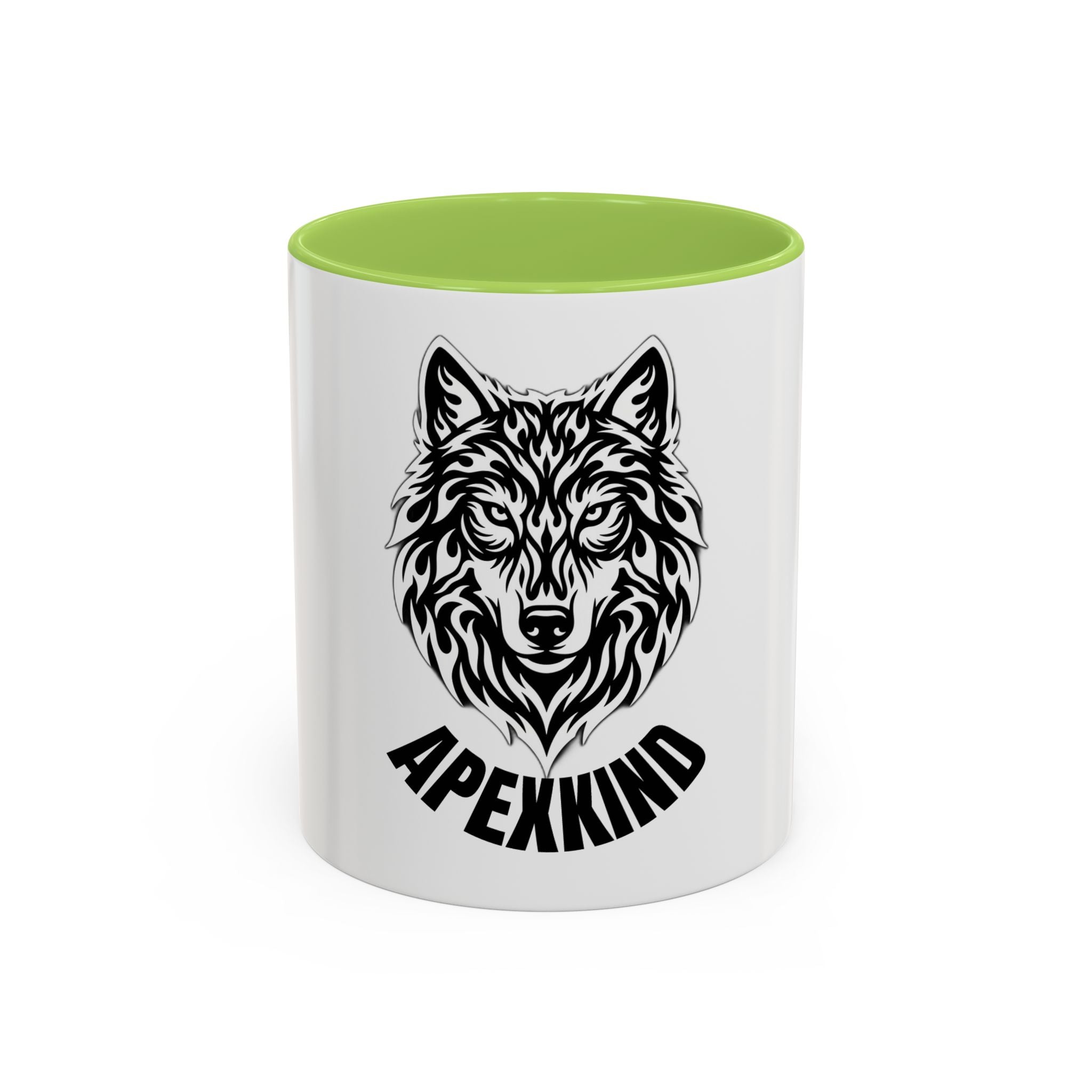 Tribal Wolf Accent Coffee Mug – Black Interior & Handle, Fierce Wolf Head Design (11/15 oz)