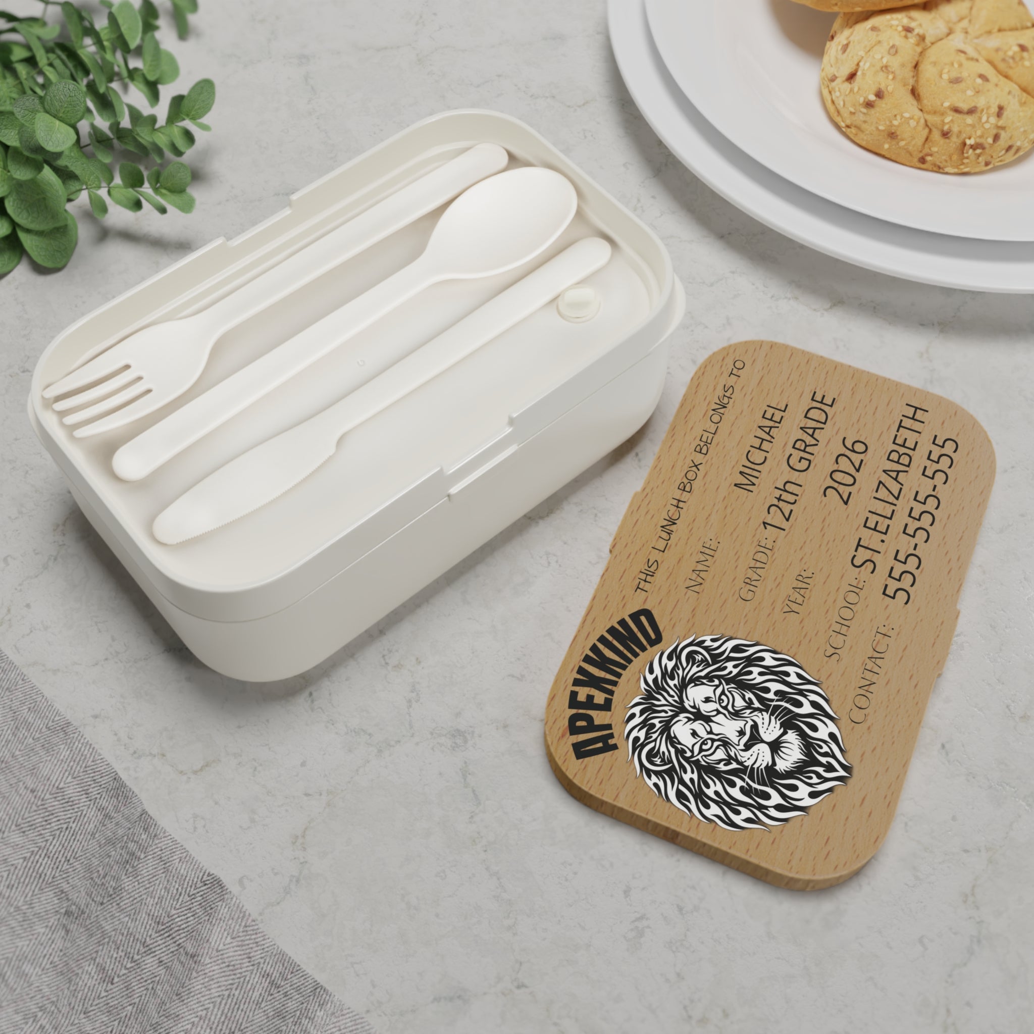 Lion Head Personalized Bento Lunch Box | Custom Name, Grade, School, Contact