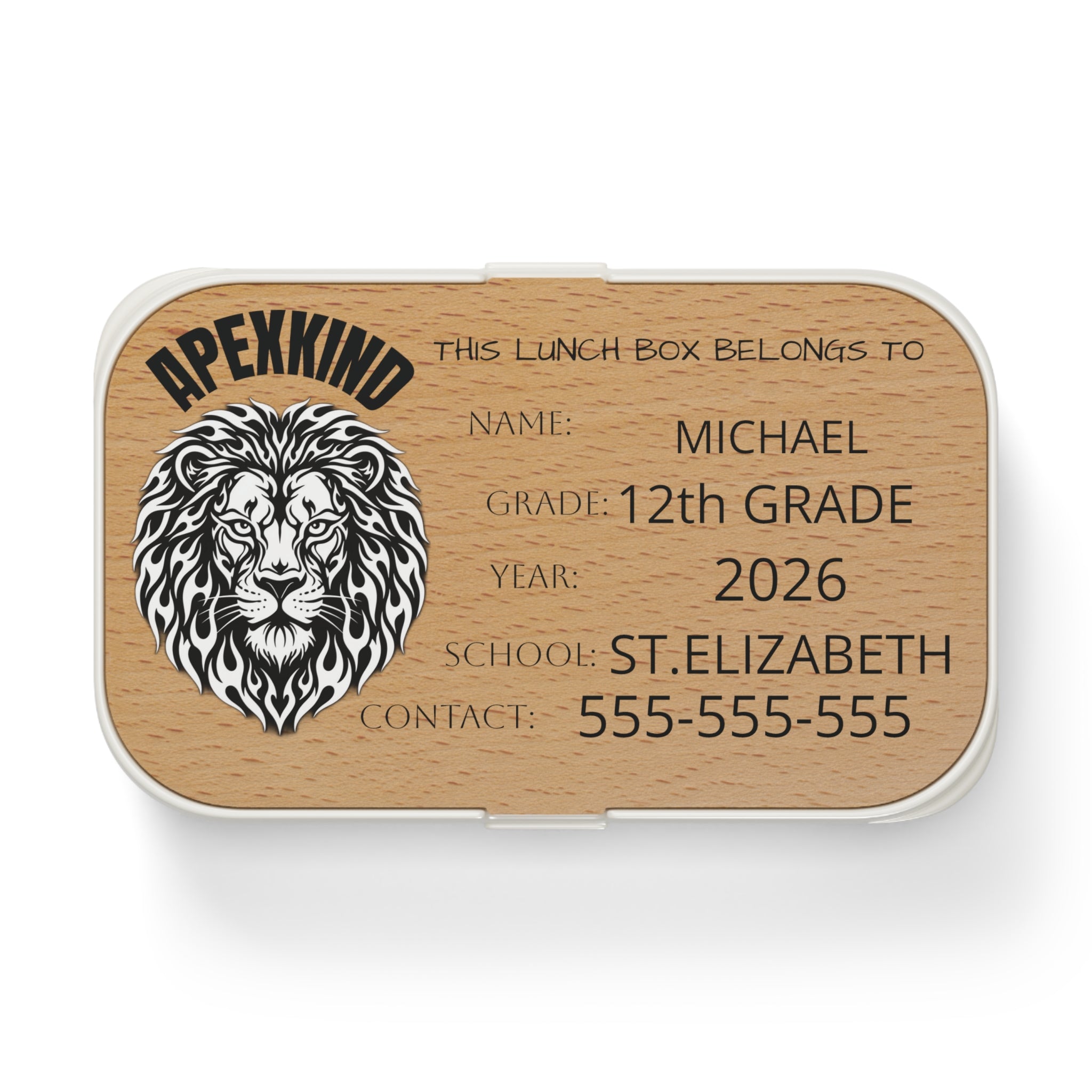Lion Head Personalized Bento Lunch Box | Custom Name, Grade, School, Contact