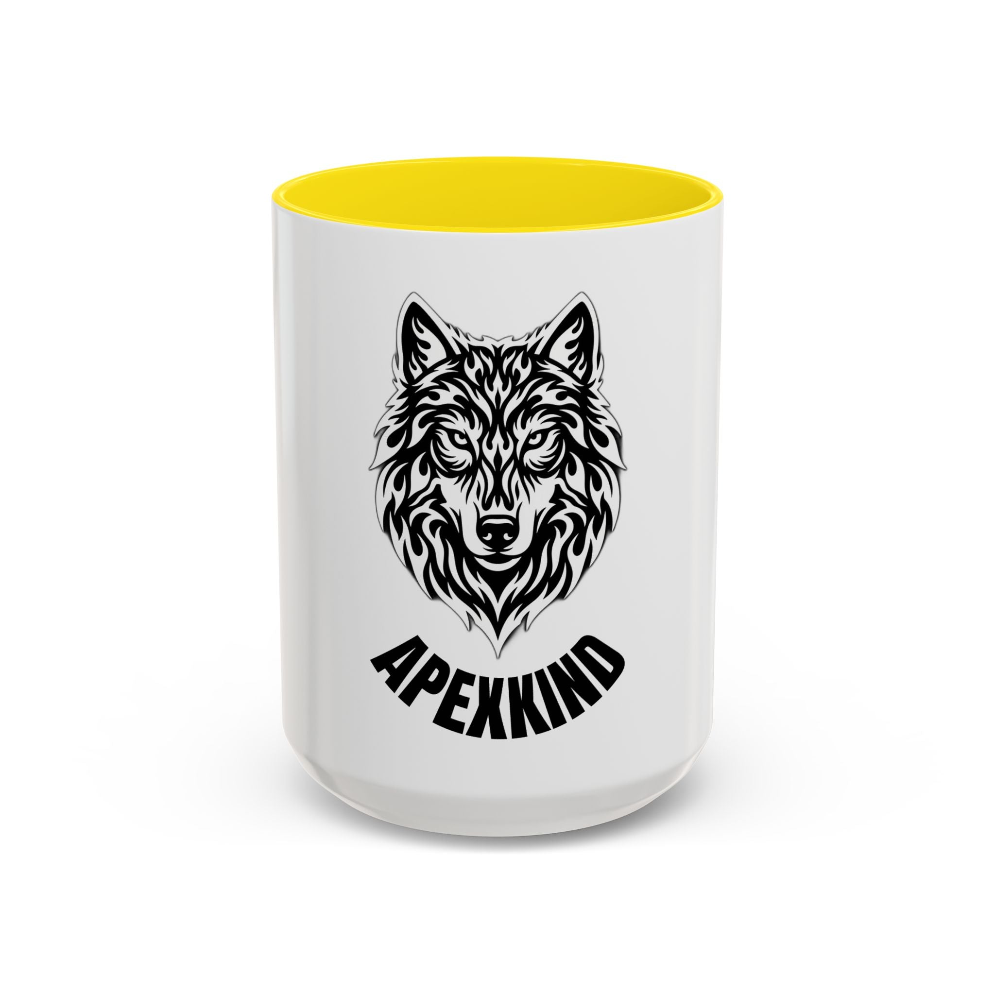 Tribal Wolf Accent Coffee Mug – Black Interior & Handle, Fierce Wolf Head Design (11/15 oz)