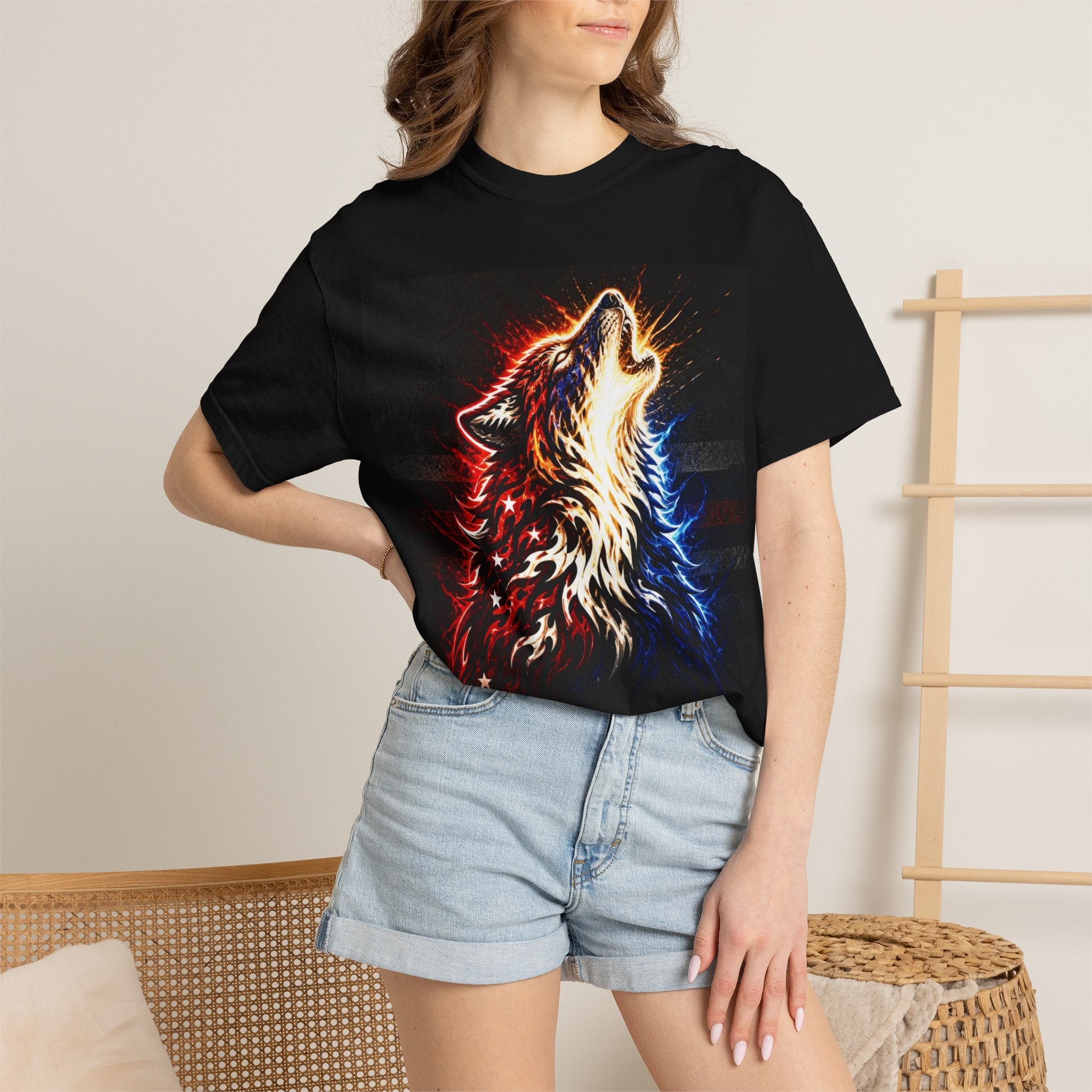 Howling Wolf Graphic T-Shirt — Red & Blue Neon Tribal Wolf Tee