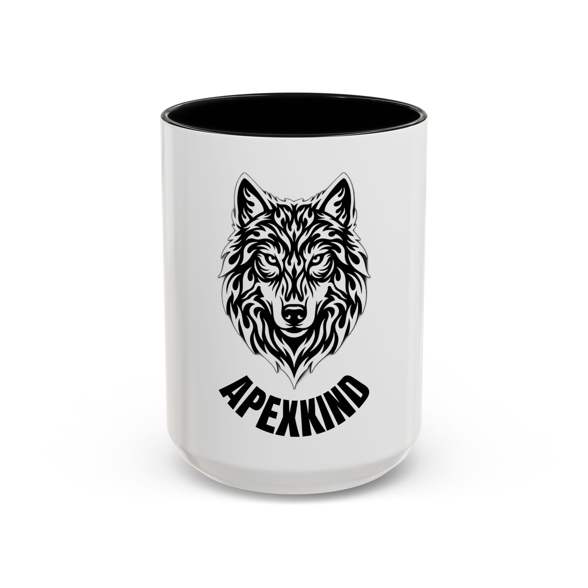 Tribal Wolf Accent Coffee Mug – Black Interior & Handle, Fierce Wolf Head Design (11/15 oz)