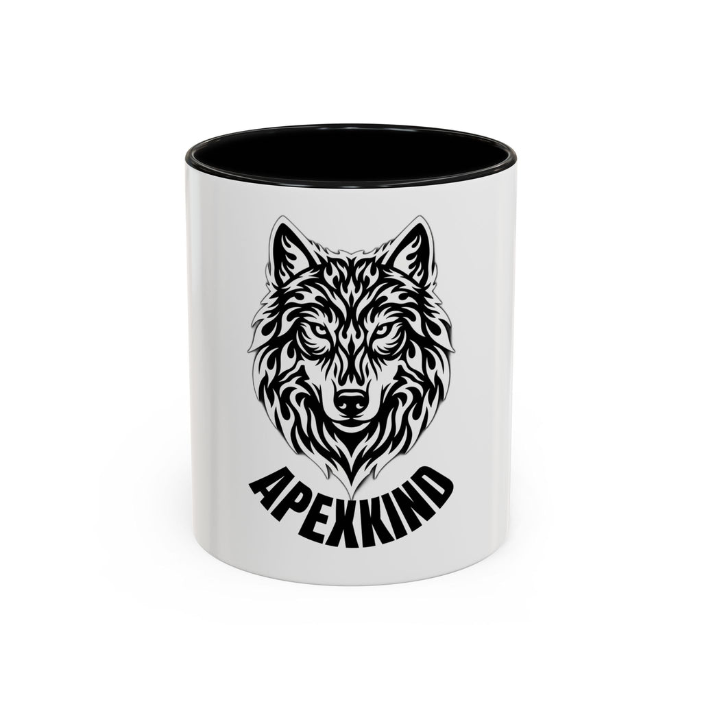 Tribal Wolf Accent Coffee Mug – Black Interior & Handle, Fierce Wolf Head Design (11/15 oz)