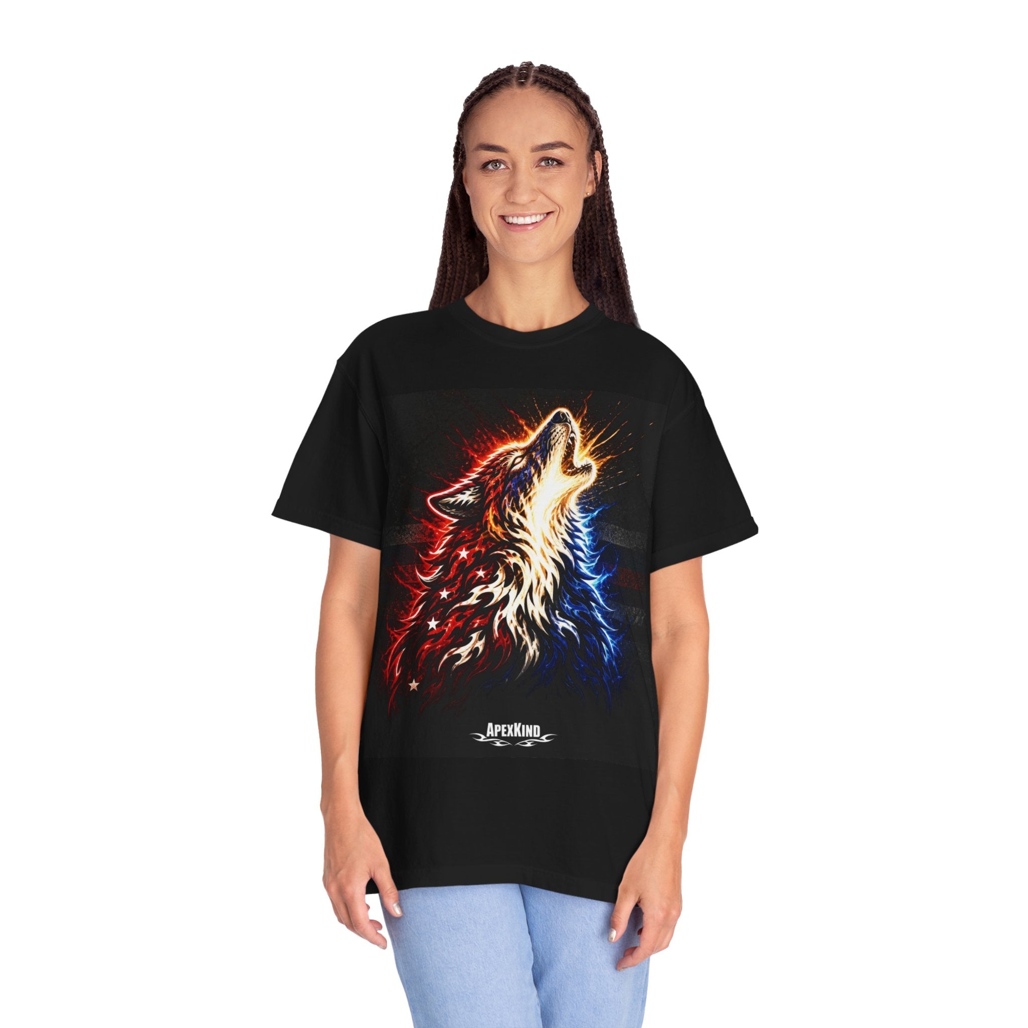 Howling Wolf Graphic T-Shirt — Red & Blue Neon Tribal Wolf Tee