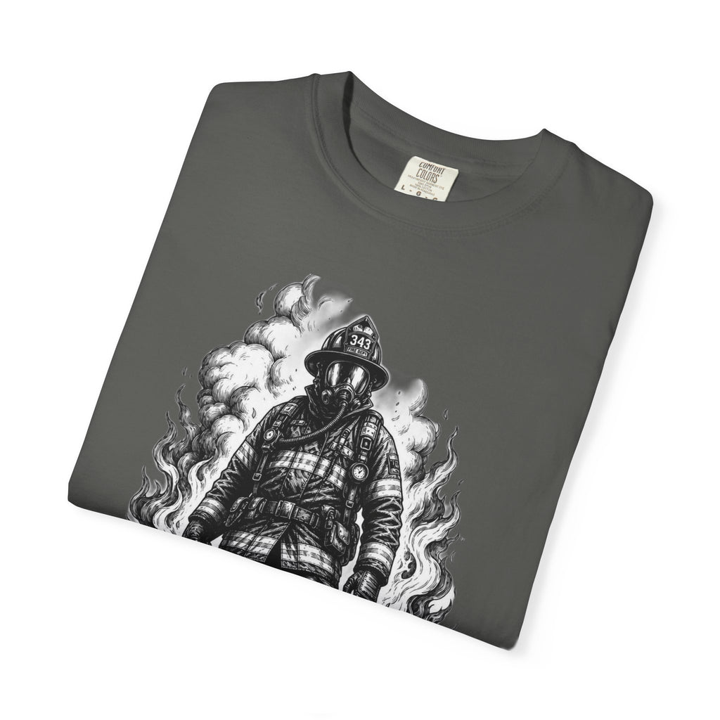 Apex First Responder — Firefighter Tee-Firefighter Illustration T-Shirt — Vintage Firefighter in Flames Tee