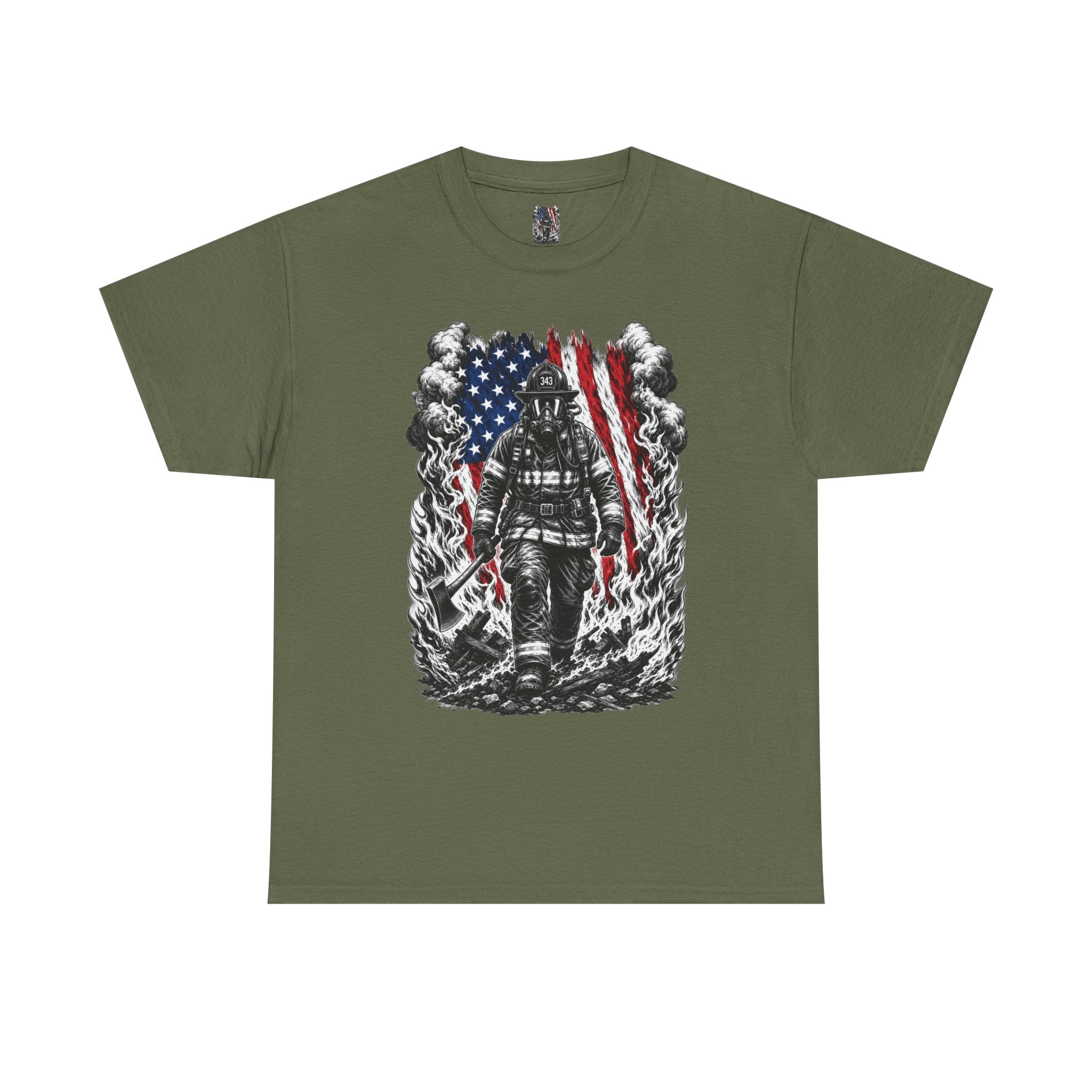 Apex First Responder — Firefighter Tee-Firefighter Illustration T-Shirt — Vintage Firefighter in Flames Tee