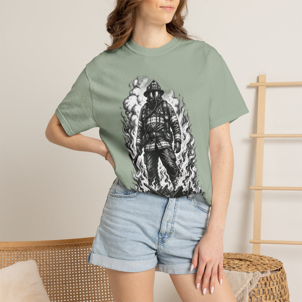 Apex First Responder — Firefighter Tee-Firefighter Illustration T-Shirt — Vintage Firefighter in Flames Tee