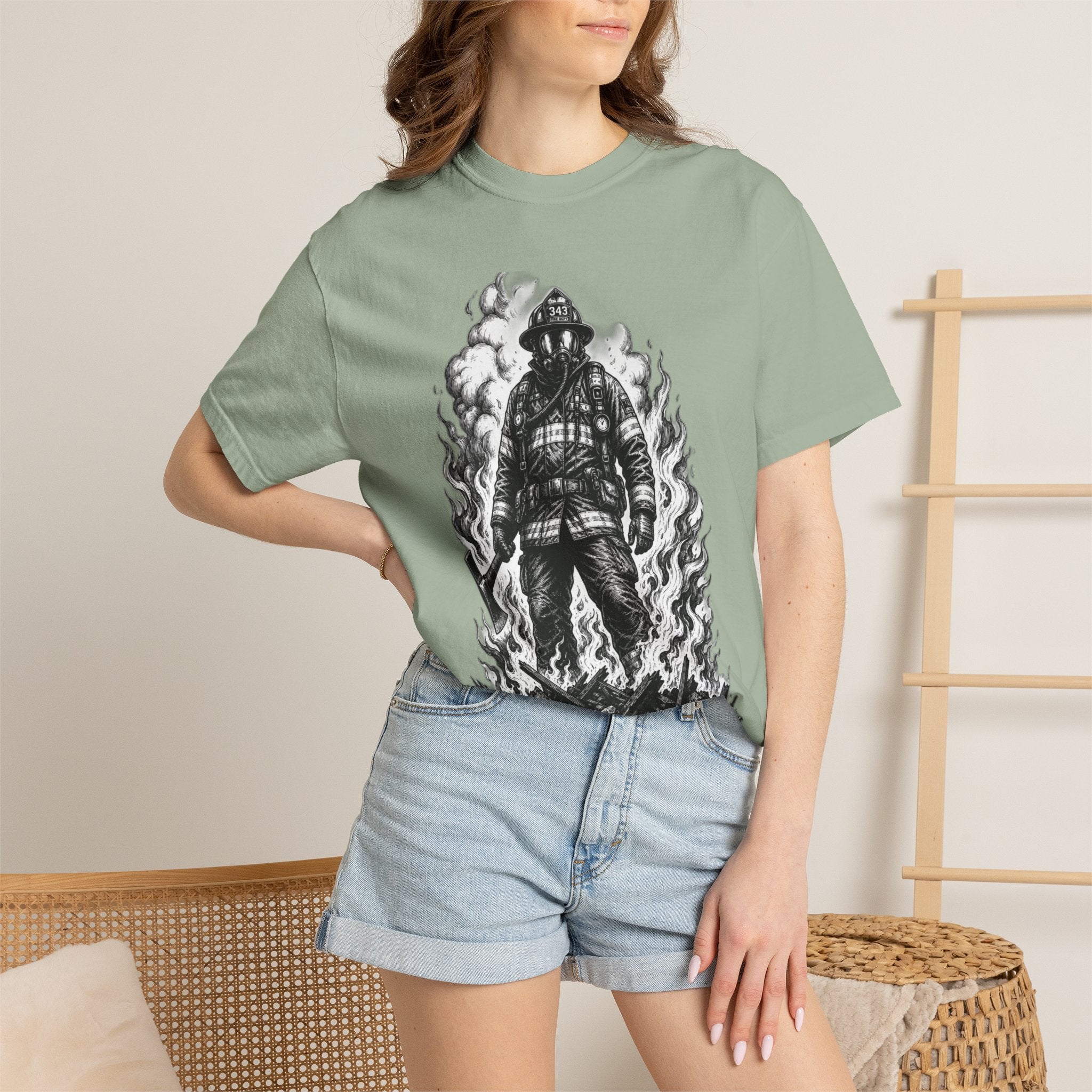 Apex First Responder — Firefighter Tee-Firefighter Illustration T-Shirt — Vintage Firefighter in Flames Tee