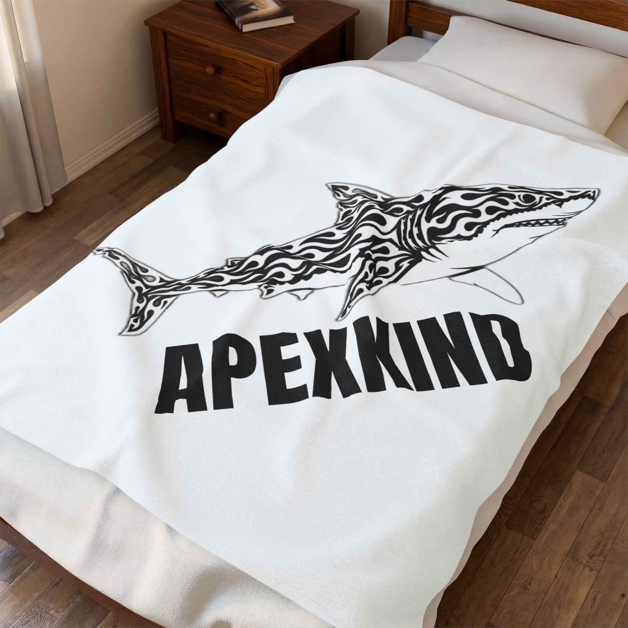 ApexKind Tribal Shark Velveteen Plush Blanket — Soft Nautical Throw with 'APEXKIND' Text