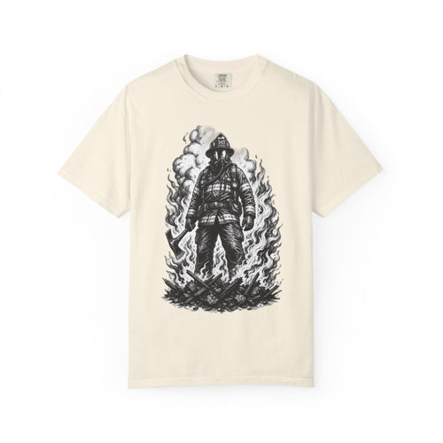 Apex First Responder — Firefighter Tee-Firefighter Illustration T-Shirt — Vintage Firefighter in Flames Tee