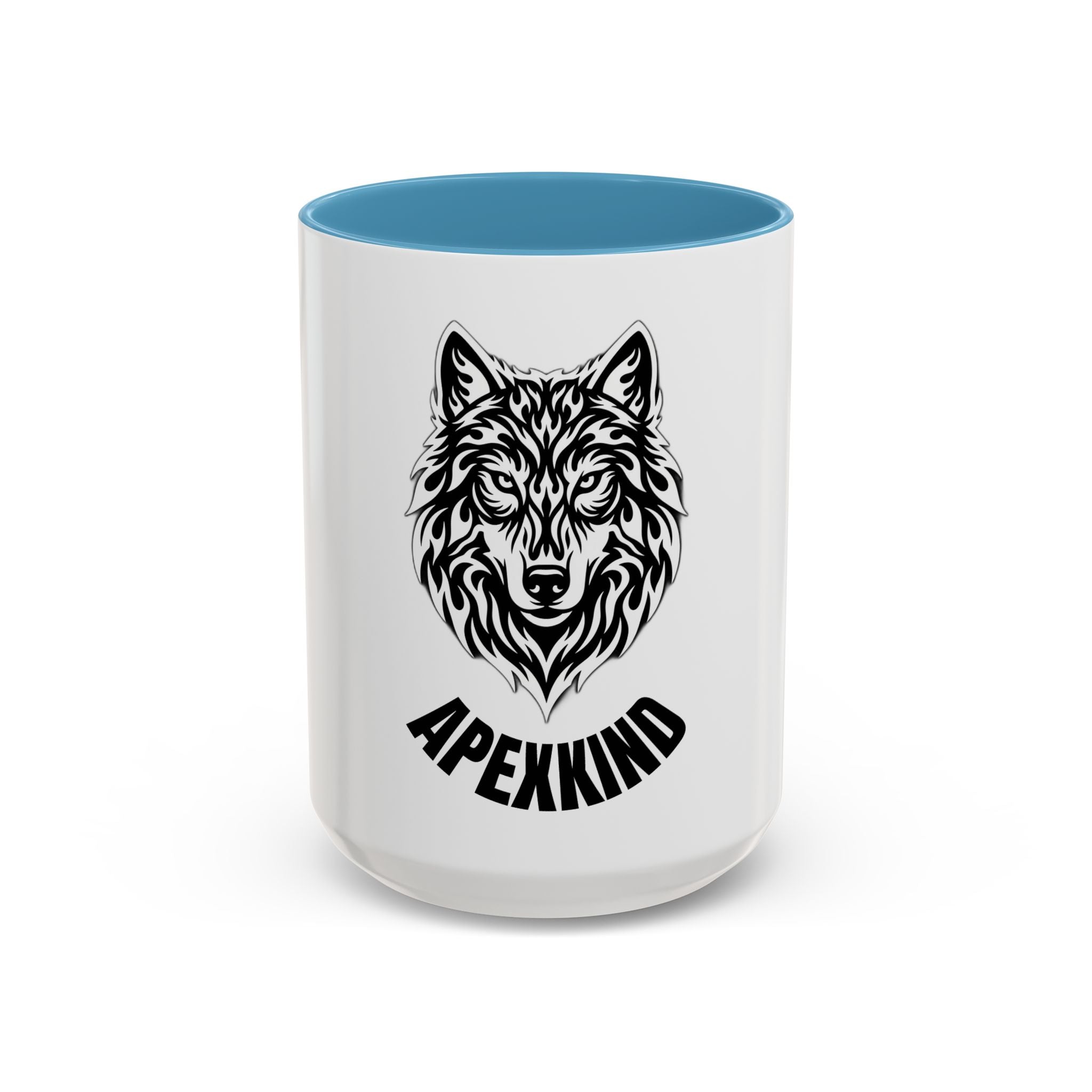 Tribal Wolf Accent Coffee Mug – Black Interior & Handle, Fierce Wolf Head Design (11/15 oz)