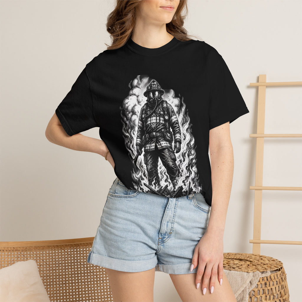 Apex First Responder — Firefighter Tee-Firefighter Illustration T-Shirt — Vintage Firefighter in Flames Tee