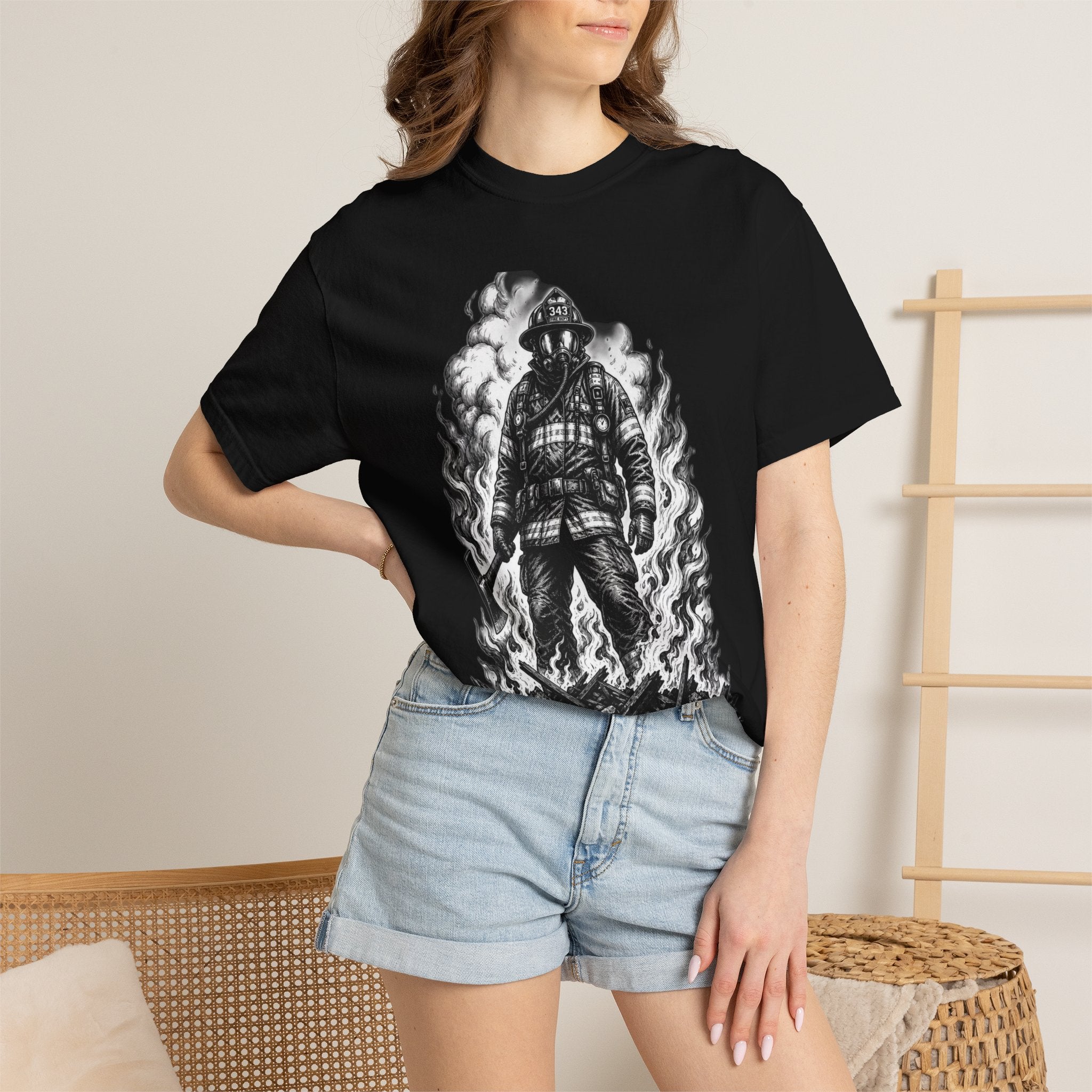 Apex First Responder — Firefighter Tee-Firefighter Illustration T-Shirt — Vintage Firefighter in Flames Tee