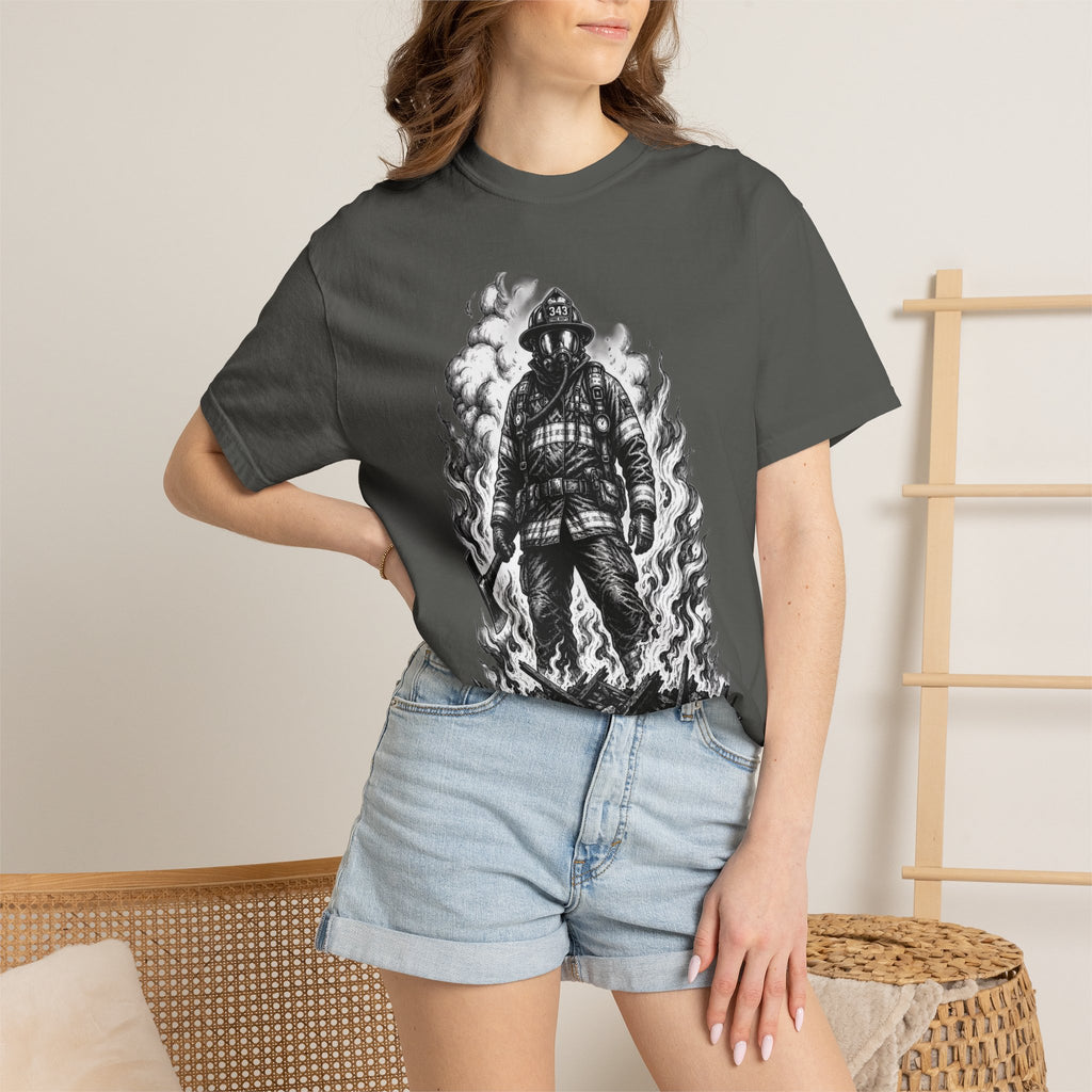 Apex First Responder — Firefighter Tee-Firefighter Illustration T-Shirt — Vintage Firefighter in Flames Tee