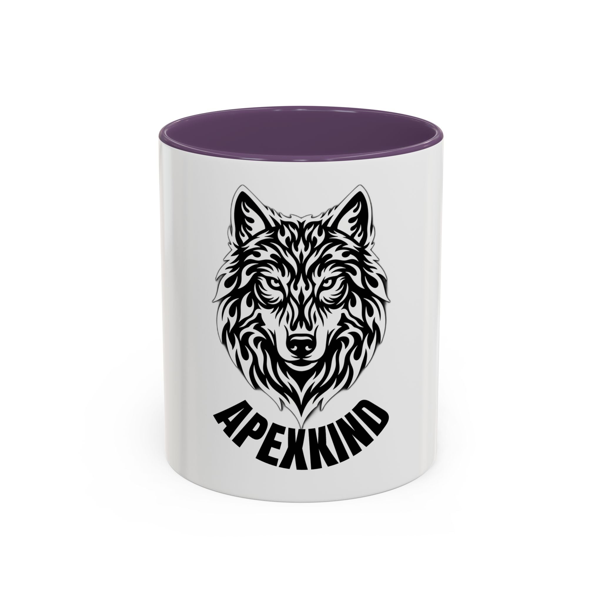 Tribal Wolf Accent Coffee Mug – Black Interior & Handle, Fierce Wolf Head Design (11/15 oz)