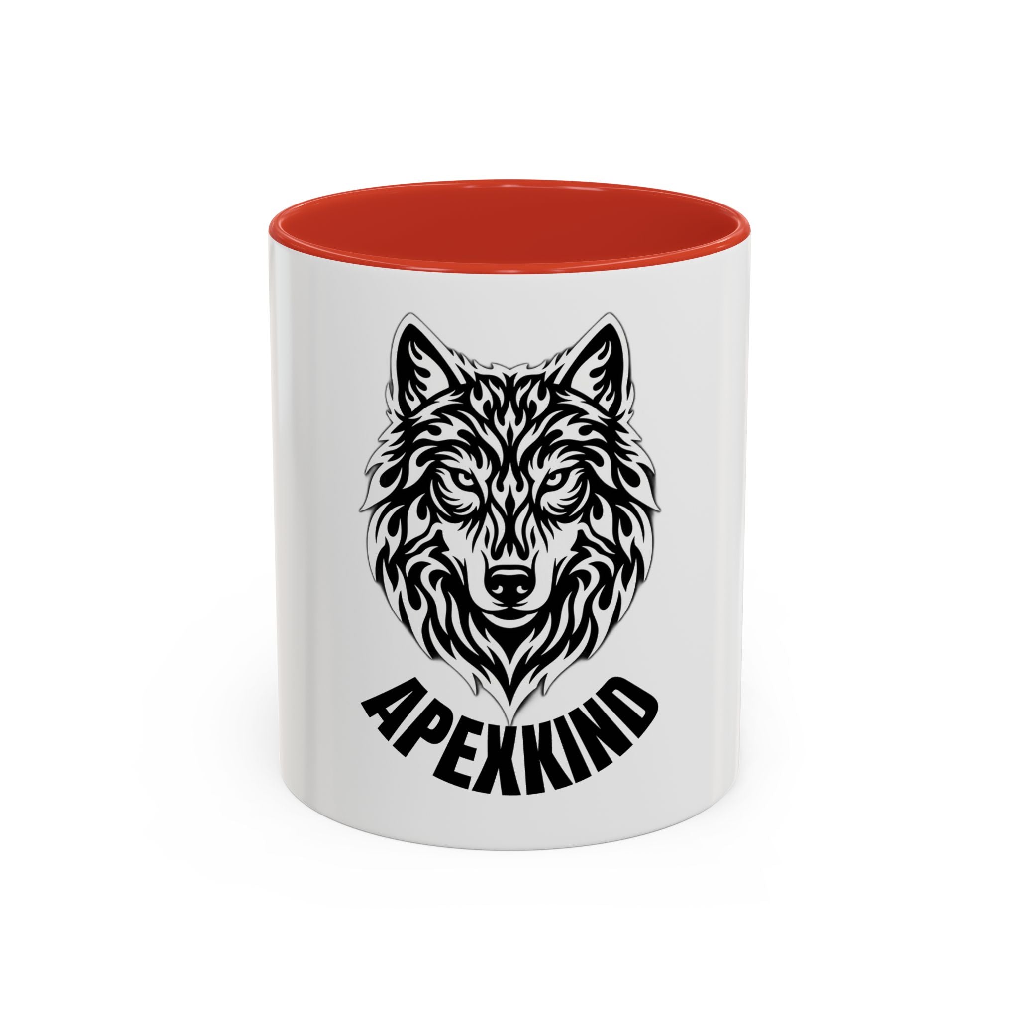 Tribal Wolf Accent Coffee Mug – Black Interior & Handle, Fierce Wolf Head Design (11/15 oz)
