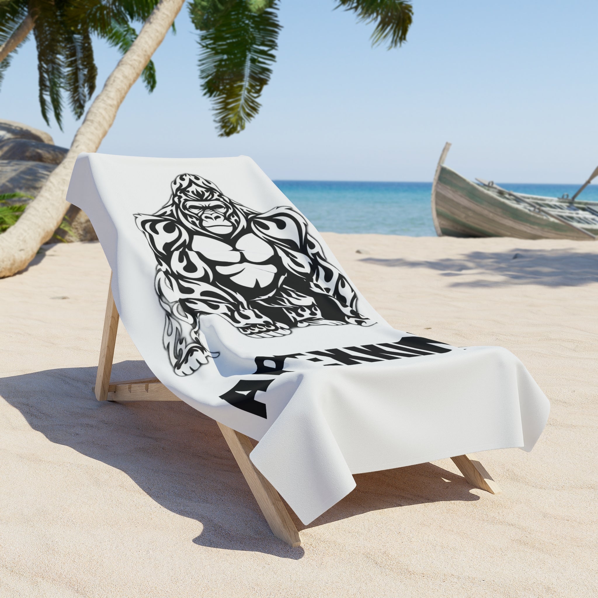 Tribal Gorilla Illustration Beach Towel | Black White Ape Design