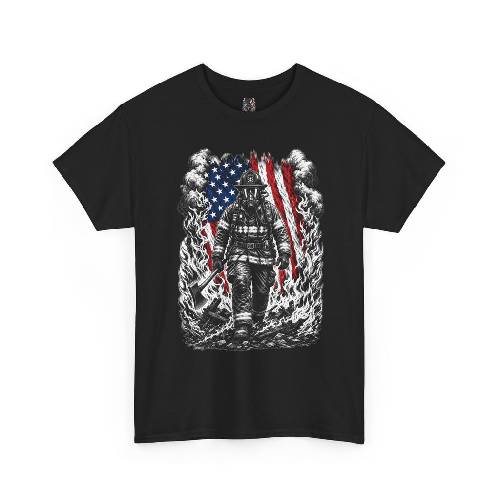 Apex First Responder — Firefighter Tee-Firefighter Illustration T-Shirt — Vintage Firefighter in Flames Tee