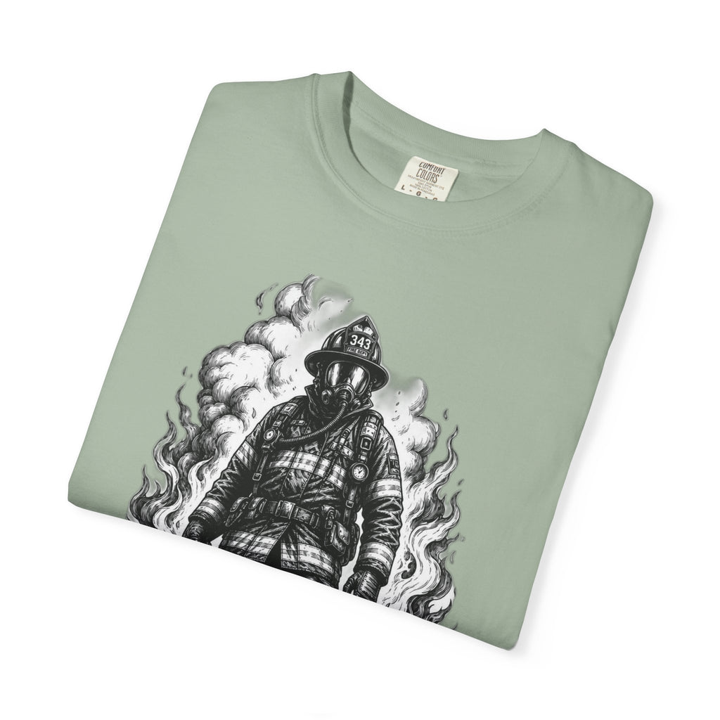 Apex First Responder — Firefighter Tee-Firefighter Illustration T-Shirt — Vintage Firefighter in Flames Tee