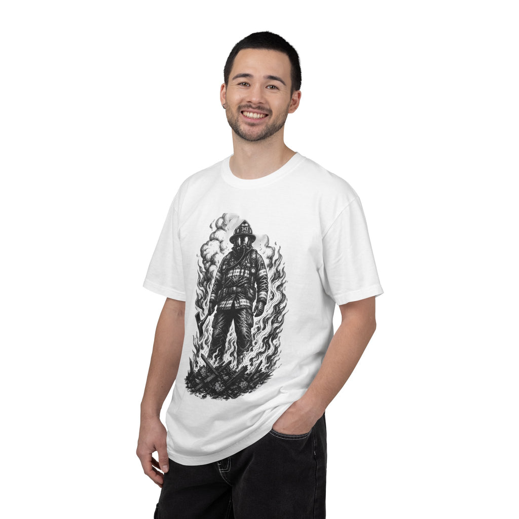 Apex First Responder — Firefighter Tee-Firefighter Illustration T-Shirt — Vintage Firefighter in Flames Tee
