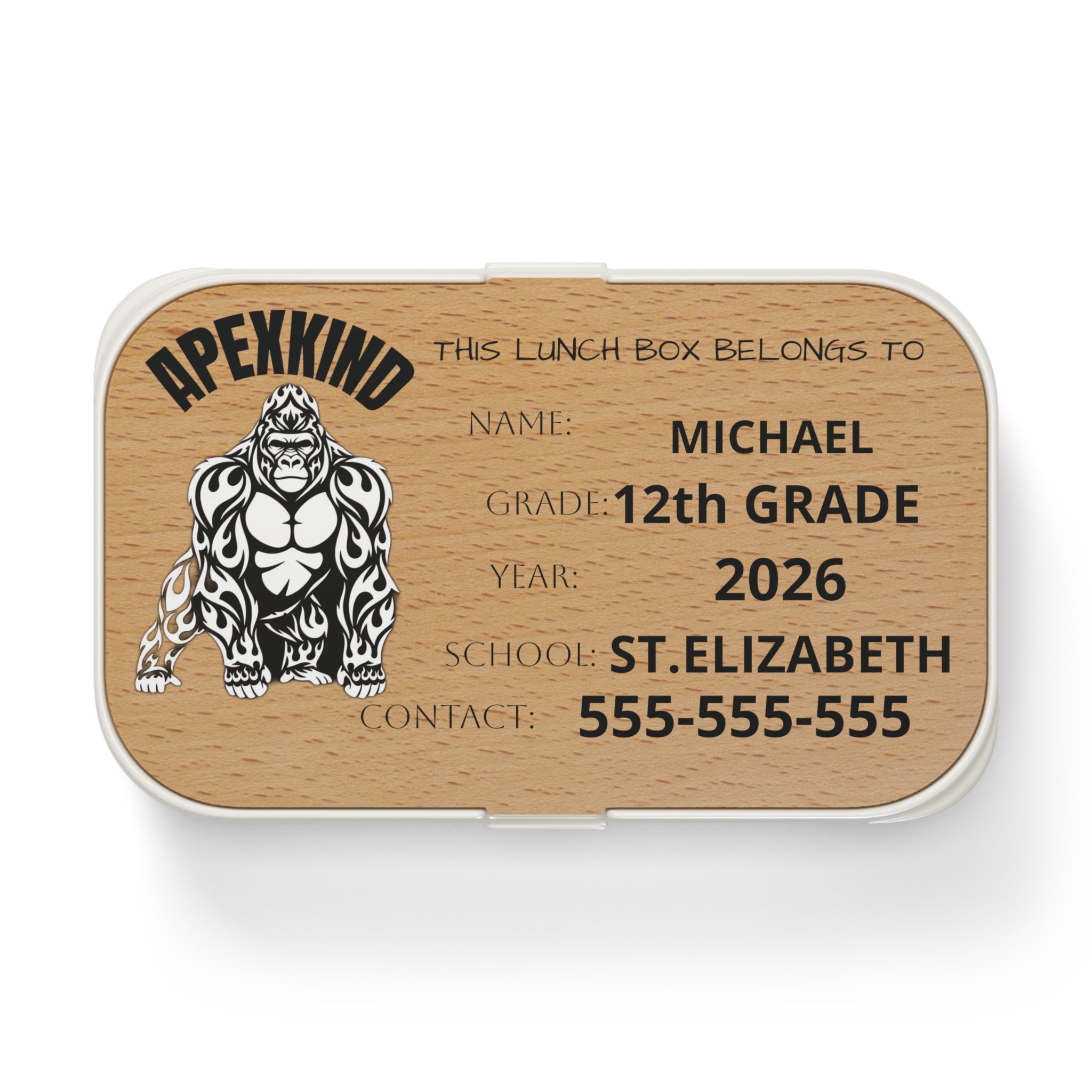 GORILLA Personalized Bento Lunch Box | Custom Name, Grade, School, Contact