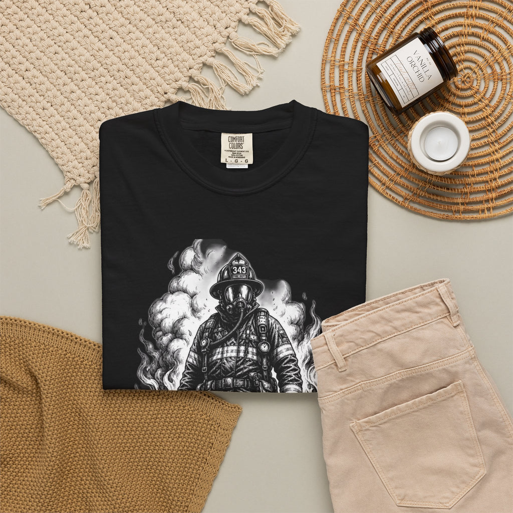 Apex First Responder — Firefighter Tee-Firefighter Illustration T-Shirt — Vintage Firefighter in Flames Tee