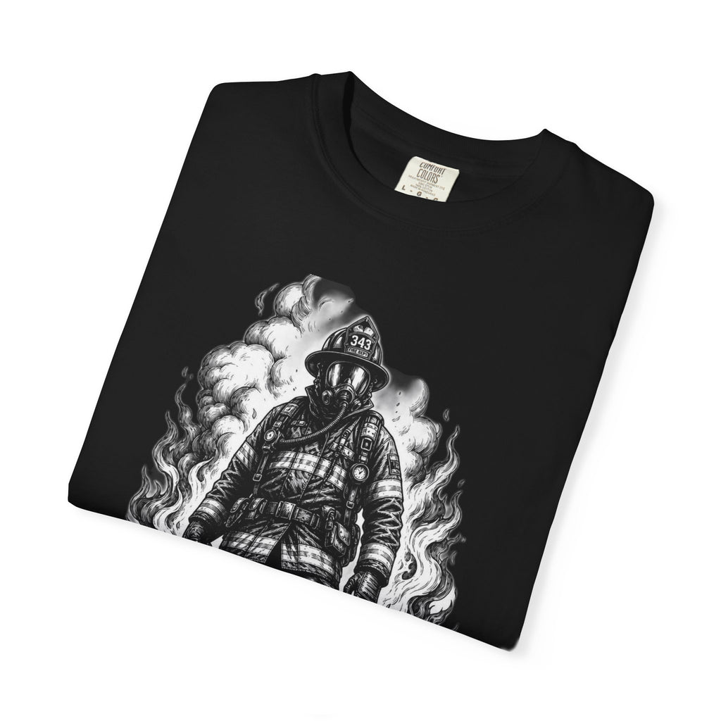 Apex First Responder — Firefighter Tee-Firefighter Illustration T-Shirt — Vintage Firefighter in Flames Tee