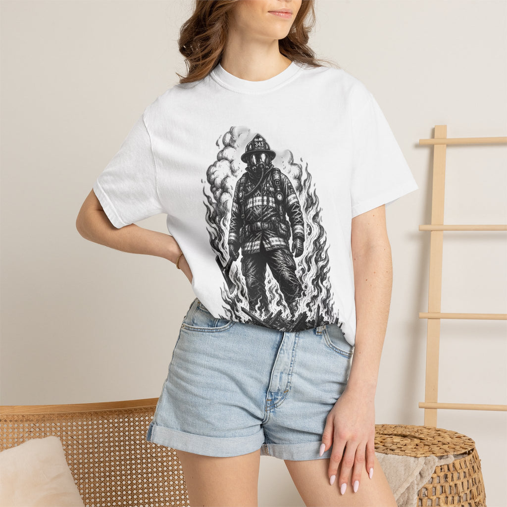 Apex First Responder — Firefighter Tee-Firefighter Illustration T-Shirt — Vintage Firefighter in Flames Tee