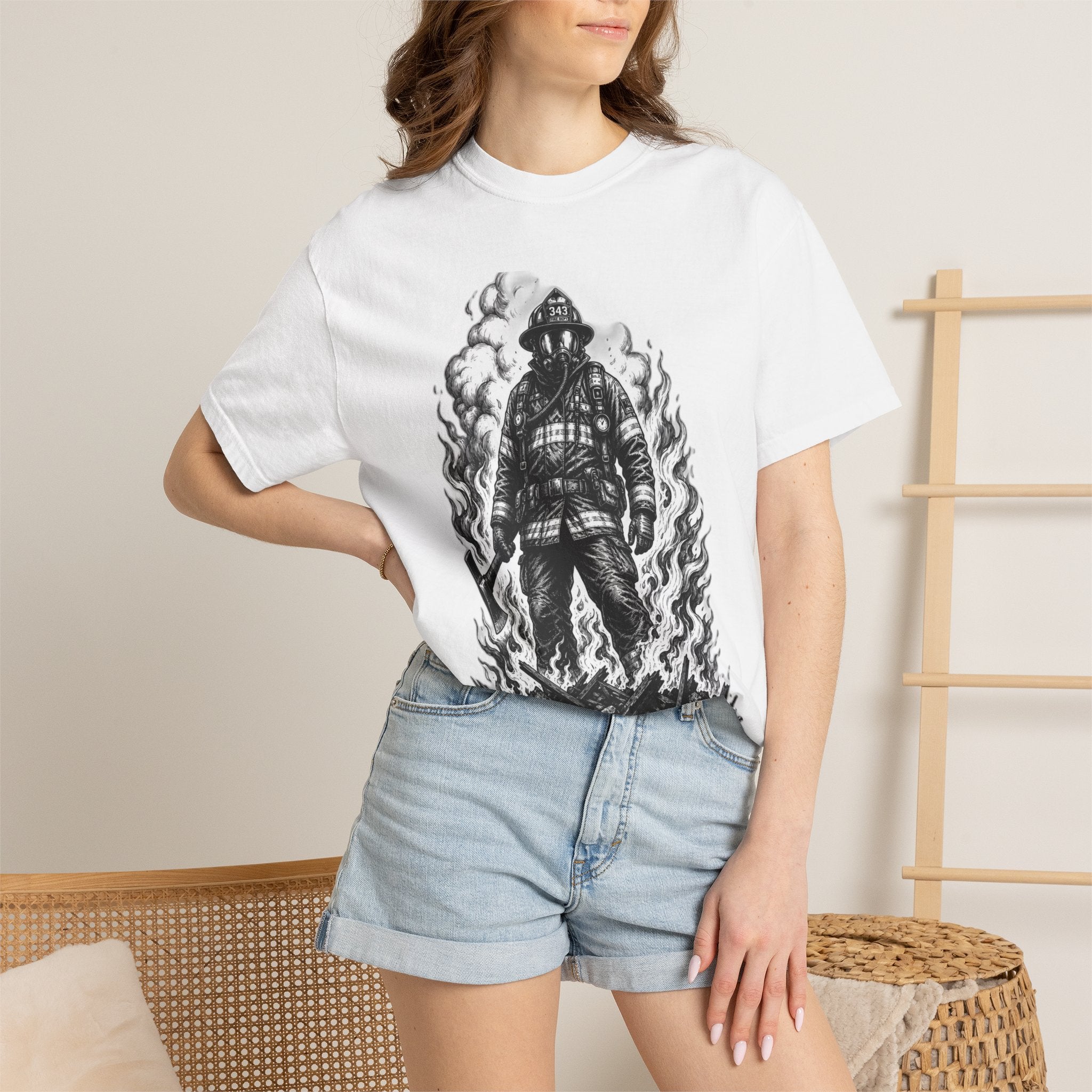 Apex First Responder — Firefighter Tee-Firefighter Illustration T-Shirt — Vintage Firefighter in Flames Tee